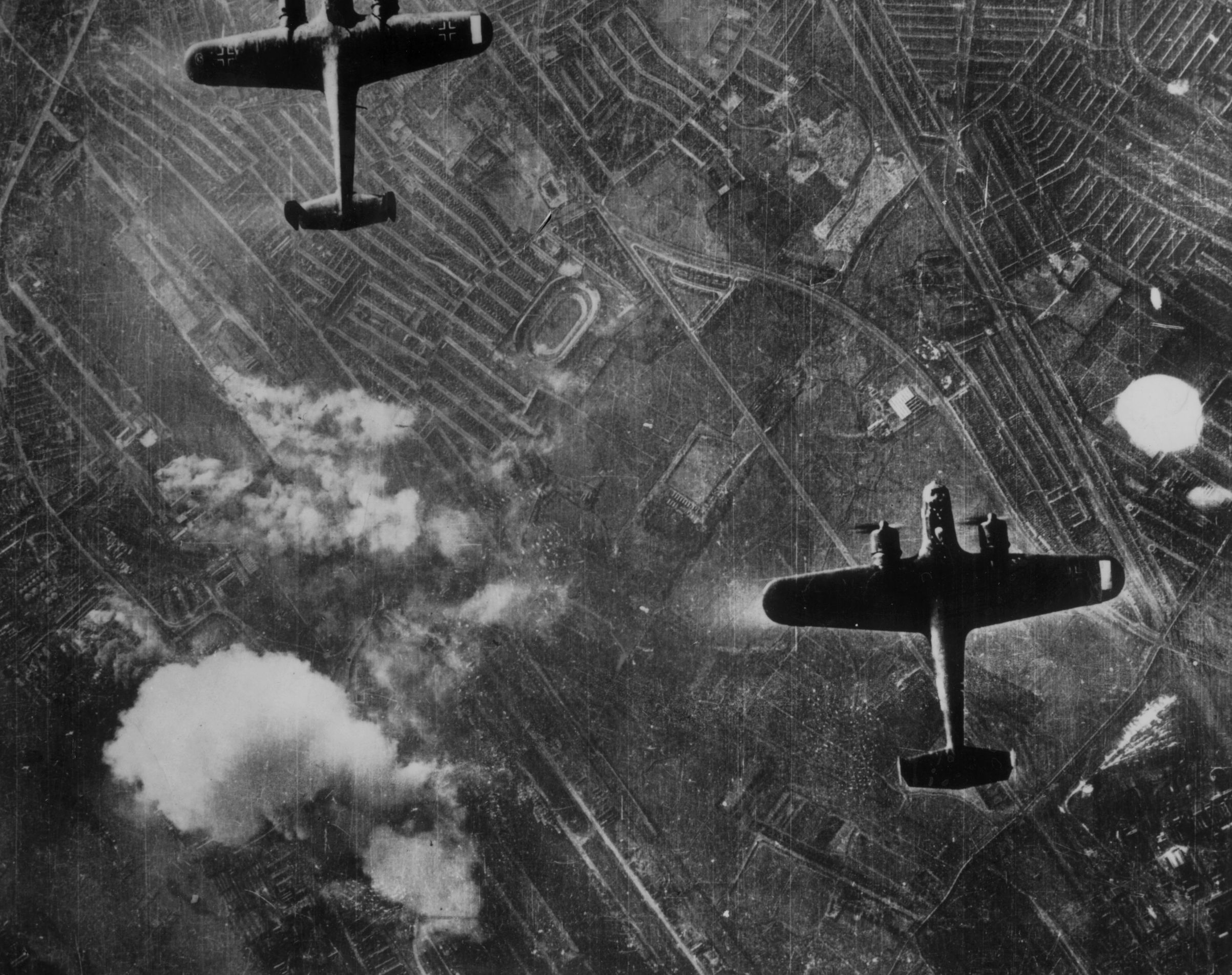 Two Luftwaffe Dornier 217 twin-engined medium bombers flying over the Silvertown area of London's Docklands on Sept. 7, 1940 at the beginning of the Blitz on London. (Getty Images)