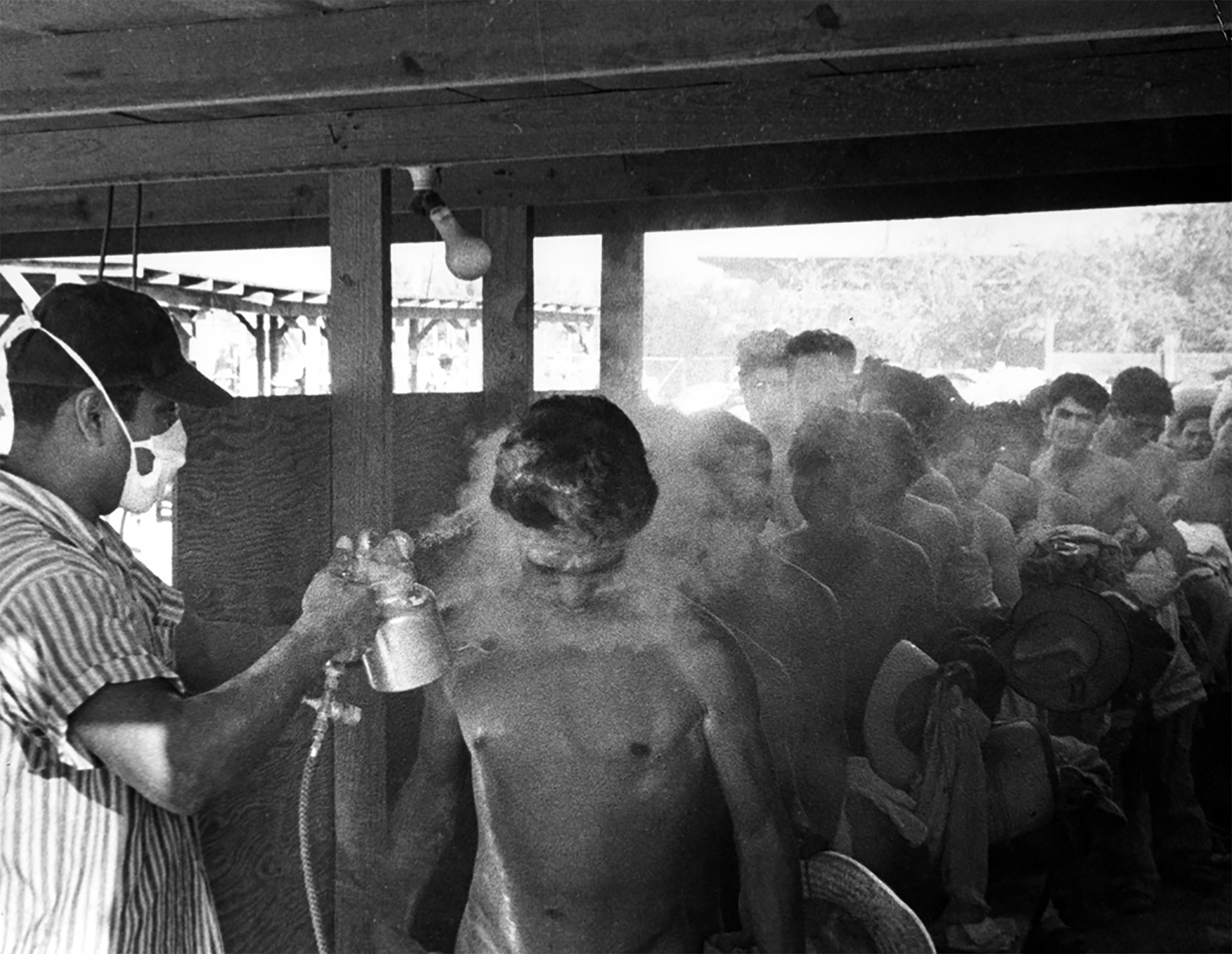 Contract Mexican laborers being fumigated with the pesticide DDT in Hidalgo, Texas in 1956. (Courtesy of the National Museum of American History)