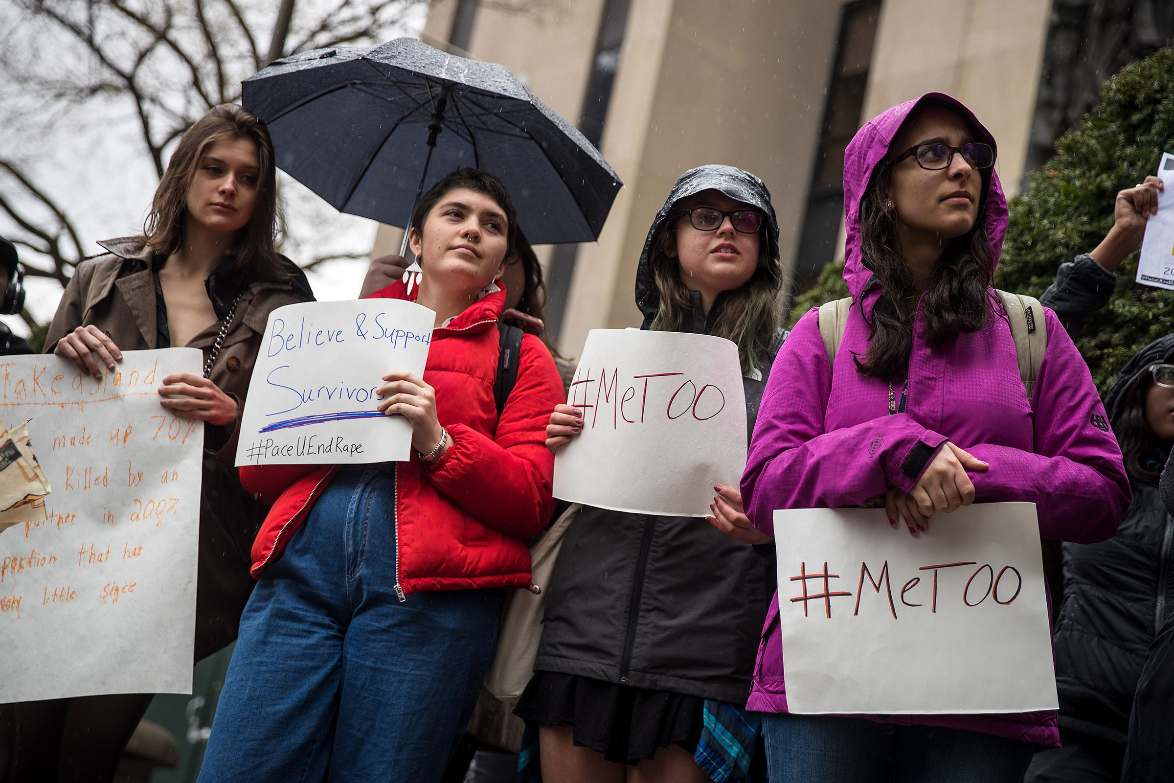 A small group of student activists from Pace University hold a rally against sexual violence after walking out of their classes on the campus of Pace University, on April 19, 2018 in New York City. (Drew Angerer—Getty Images)