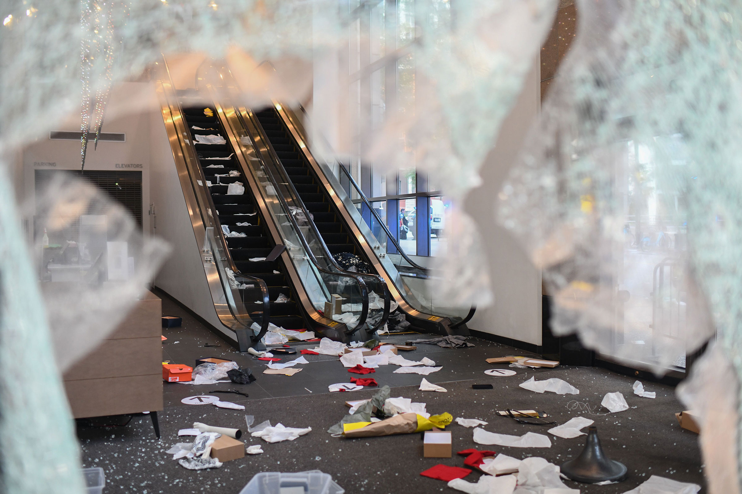 The aftermath seen at the store Nordstrom on Aug. 10, 2020, following a night of unrest in Chicago.