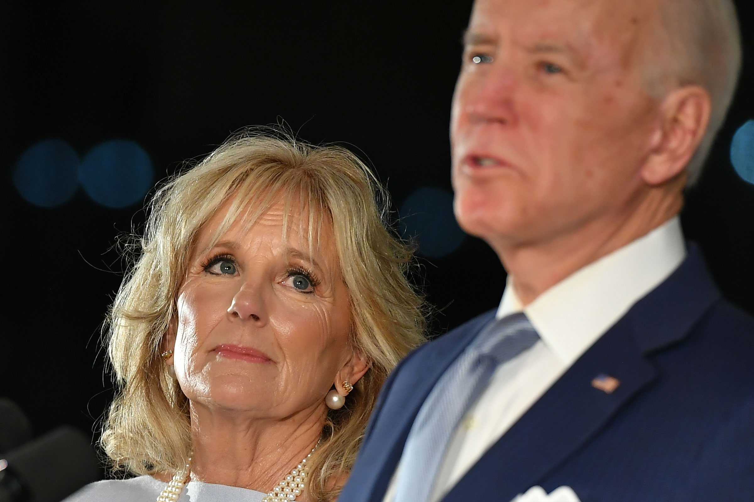 Democratic presidential hopeful former Vice President Joe Biden speaks, flanked by his wife Jill Biden, at the National Constitution Center in Philadelphia, Pennsylvania on March 10, 2020. (Mandel Ngan—AFP/Getty Images)