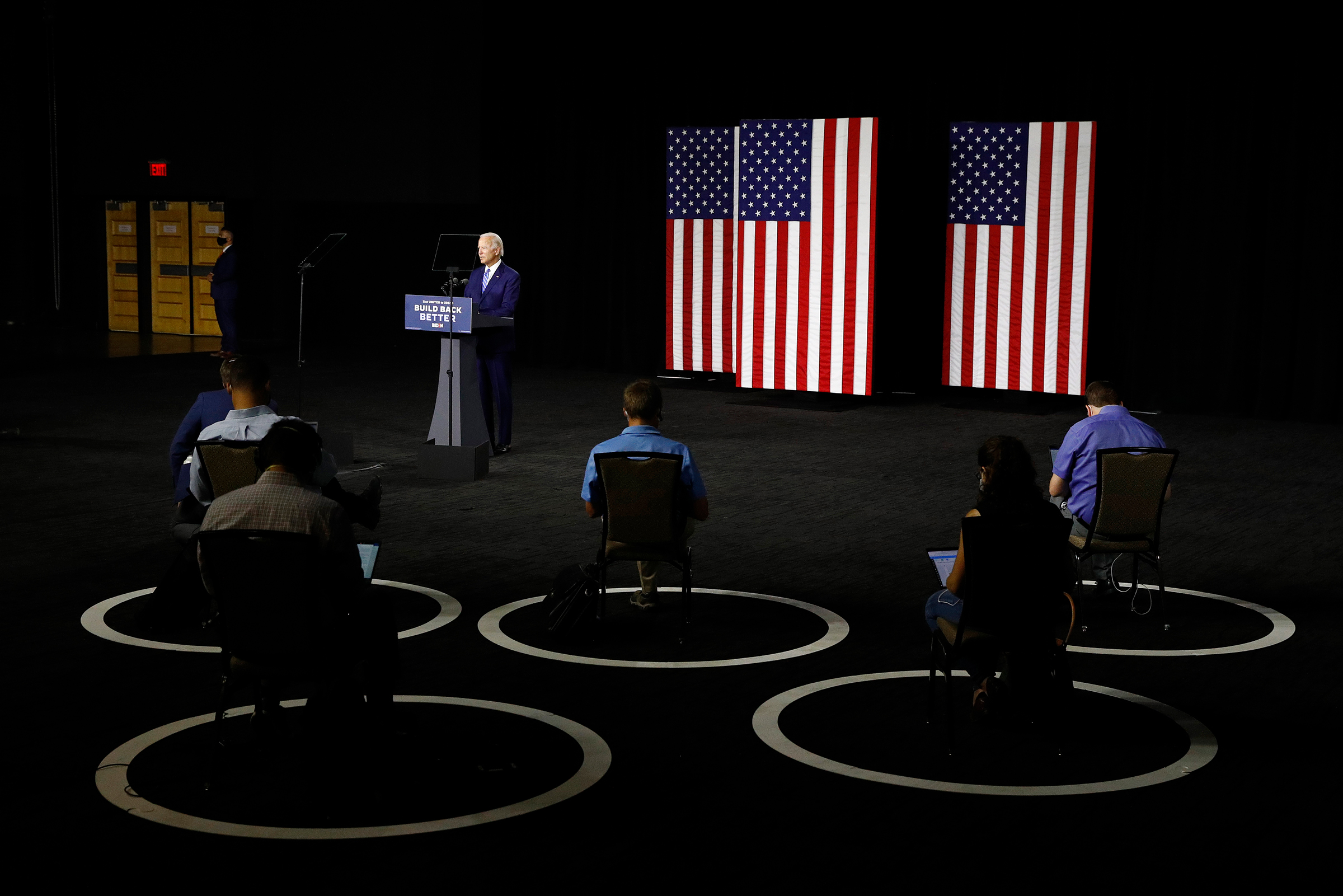 Biden at a socially distant campaign event in Wilmington, Del., on July 14 (Patrick Semansky—AP)