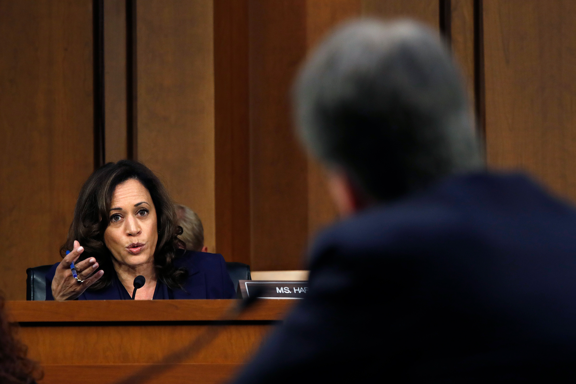 Harris rose in Senate hearings, grilling Supreme Court nominee Brett Kavanaugh in September 2018 (Jacquelyn Martin—AP)