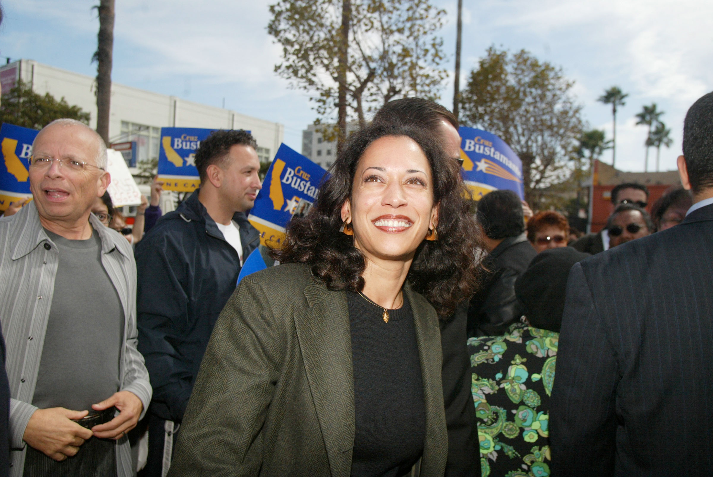 Kamala Harris meets with supporters in front of the 24th street BART station while on the campaign trail with Cruz Bustamonte on Oct. 4, 2003. Harris was running for District Attorney in San Francisco.