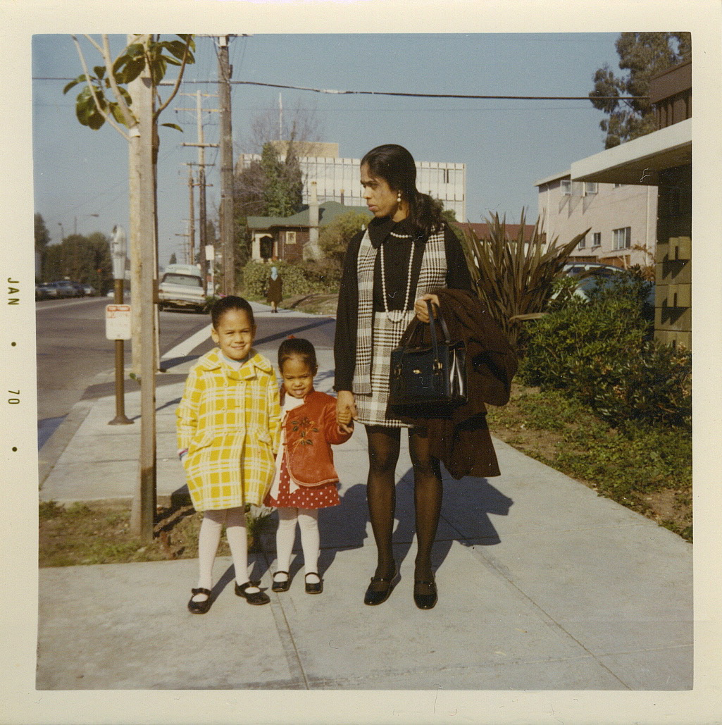 Kamala Harris with her younger sister, Maya, and their mother outside of their apartment on Milvia Street in Jan. 1970. (Courtesy of Kamala Harris)
