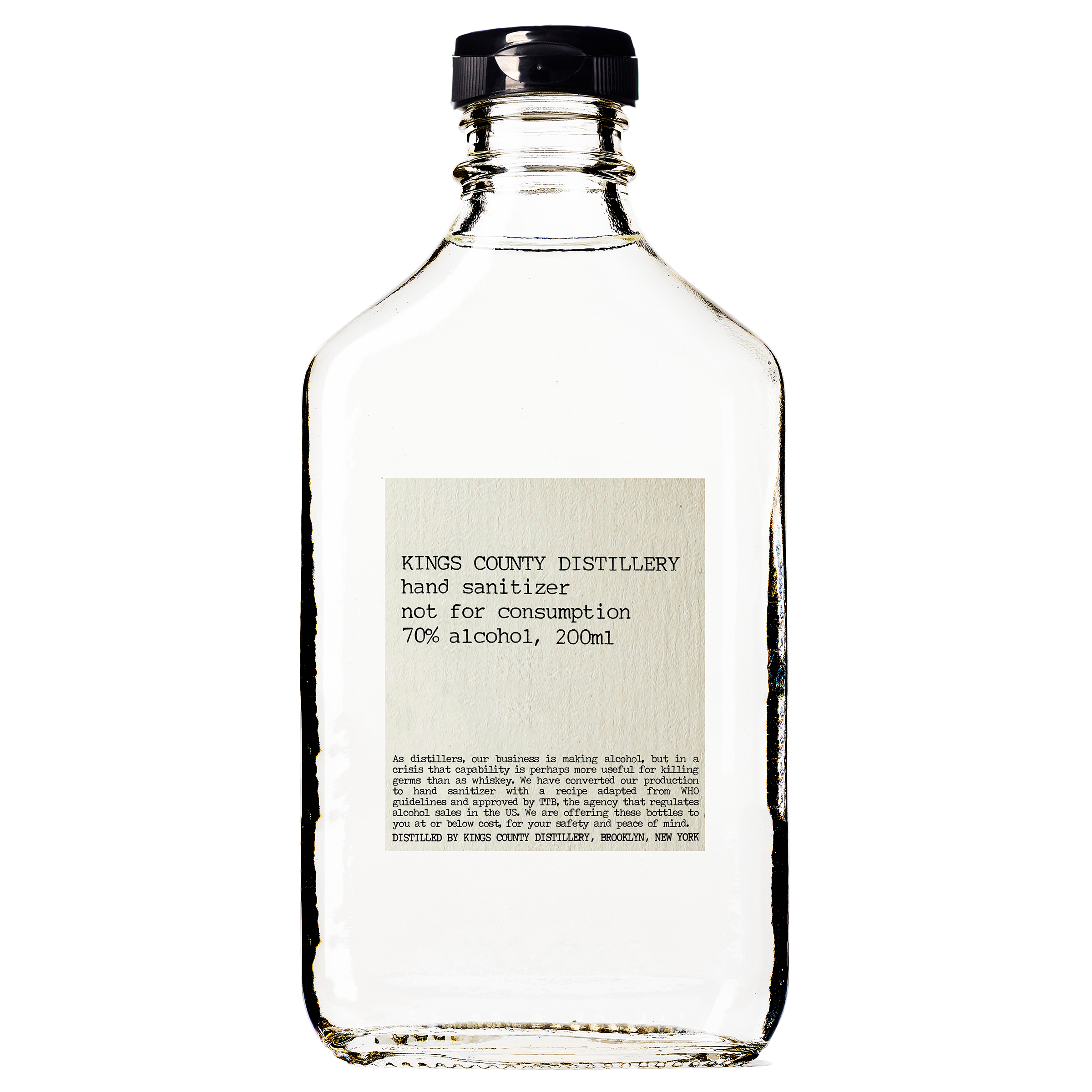 Hand sanitizer made by Kings County Distillery—which usually makes whiskey—in Brooklyn, N.Y. The New-York Historical Society has collected hand sanitizer made by distilleries that converted their operations. (Courtesy Kings County Distillery)