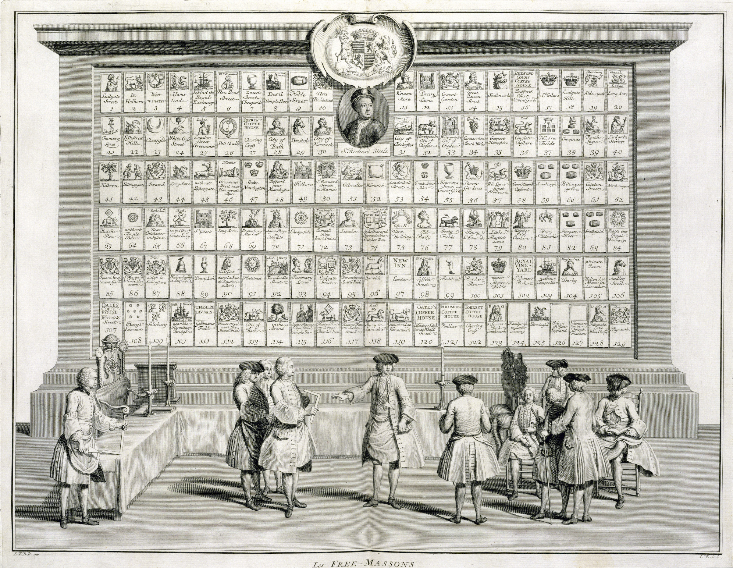 Freemasons, with signs for the various lodges, c1733. (Getty Images/Historica Graphica Collection)