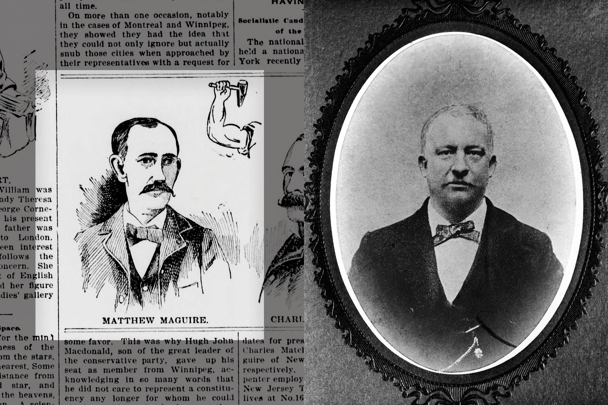 An illustration of Matthew Maguire in the Sept. 24, 1896, issue of the <em>Lewiston Teller</em>; Portrait of Peter J. McGuire (Idaho State Historical Society/Library of Congress; Lambert Studios/Getty Images)