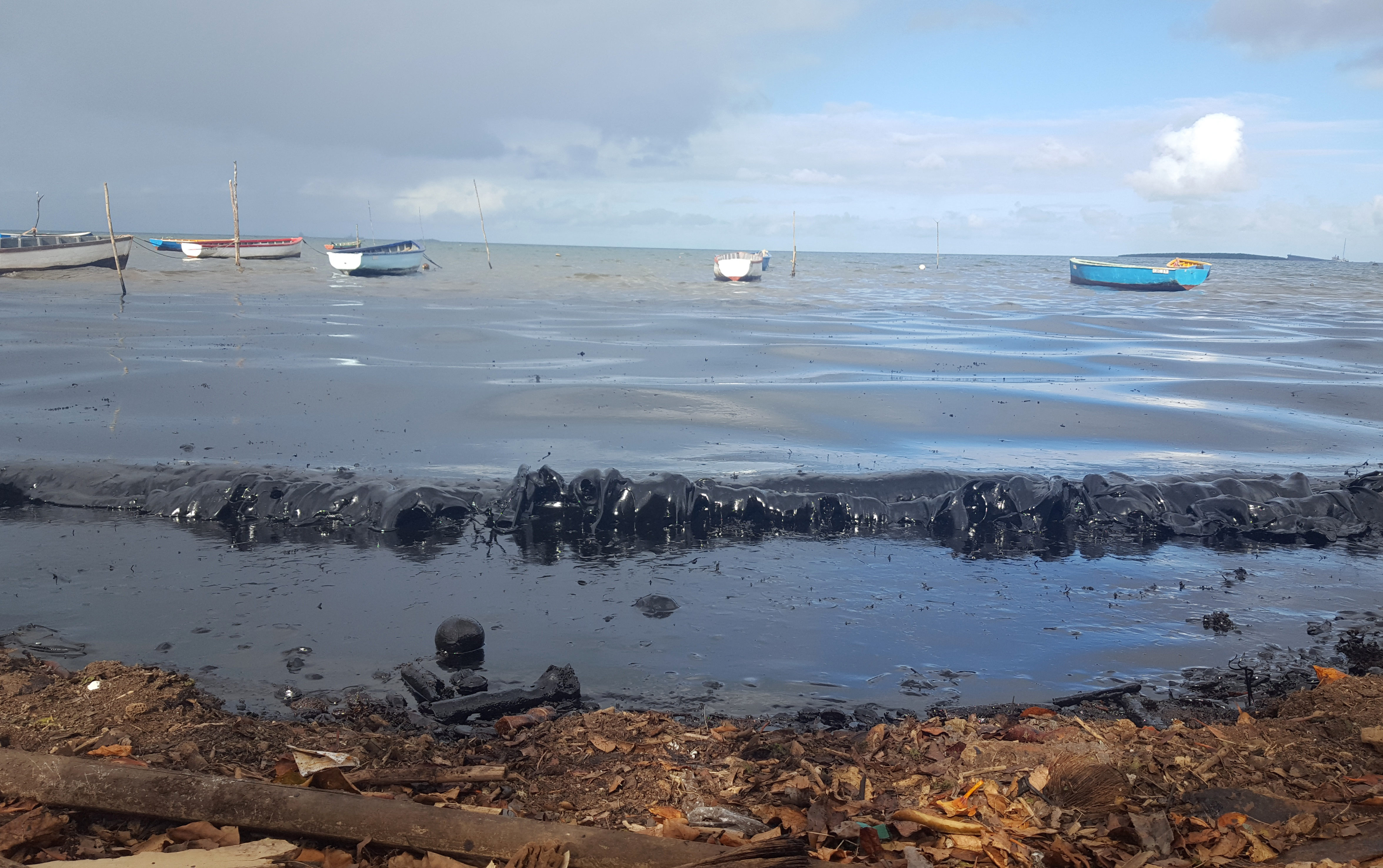 Oil polluting the foreshore of the public beach in Riviere des Creoles, Mauritius, on Aug. 8, 2020, after it leaked from the MV Wakashio, a bulk carrier ship that recently ran aground off the southeast coast of Mauritius.