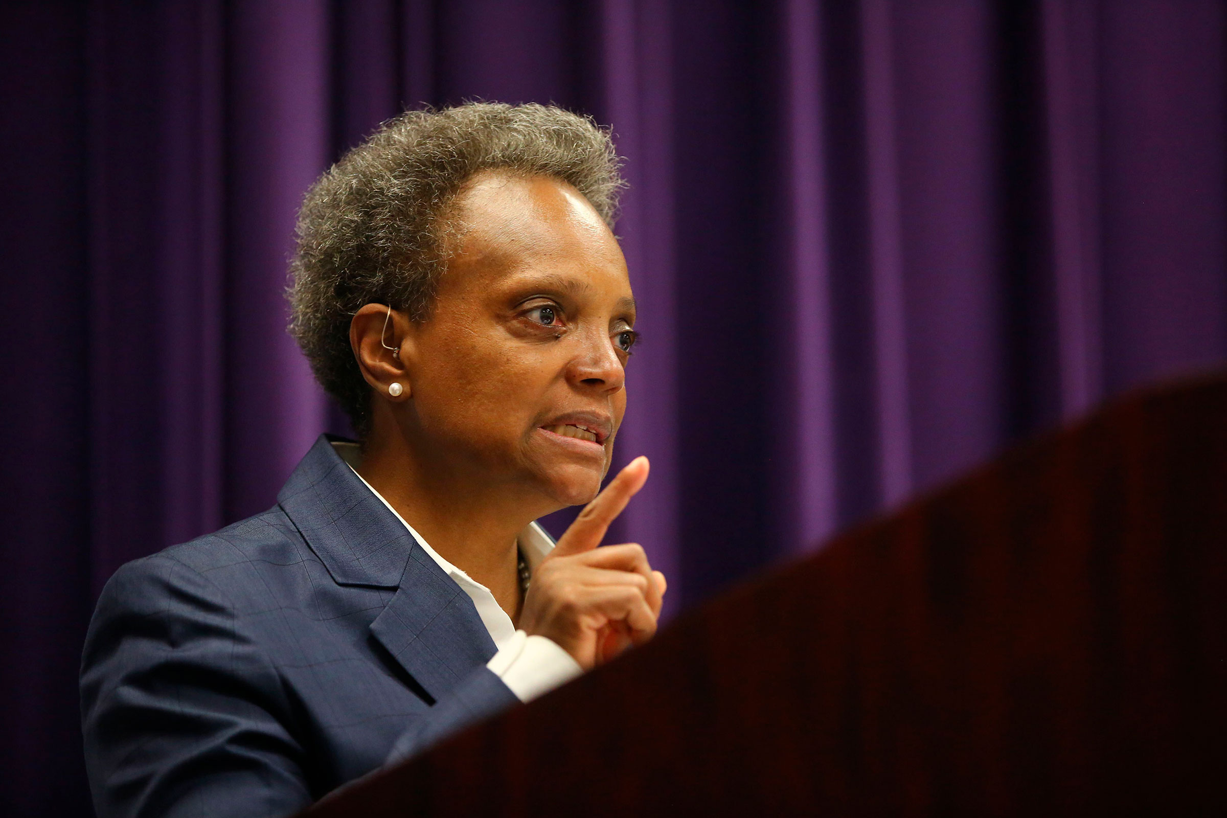 Mayor Lori Lightfoot speaks at a news conference Monday, Aug. 10, 2020, at Chicago Police headquarters to address looting that occurred overnight in Chicago. (Anthony Vazquez—Chicago Sun-Times/AP)