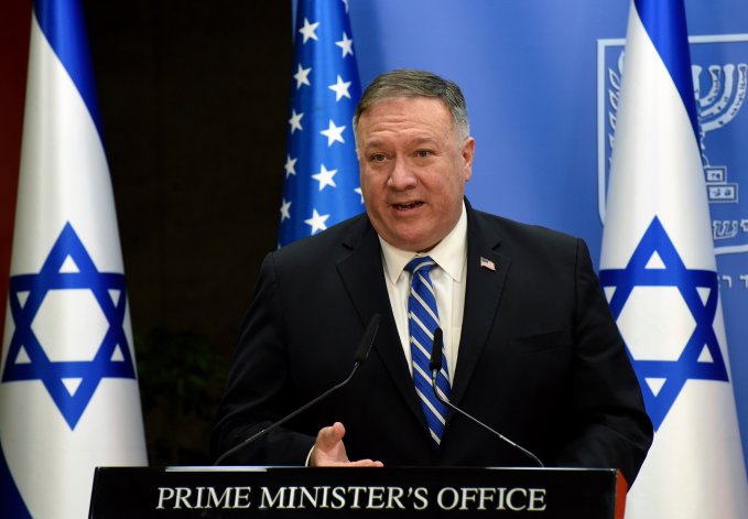 U.S. Secretary of State Mike Pompeo speaks during a joint statement to the press with Israeli Prime Minister Benjamin Netanyahu after their meeting, in Jerusalem, Monday, Aug. 24, 2020.