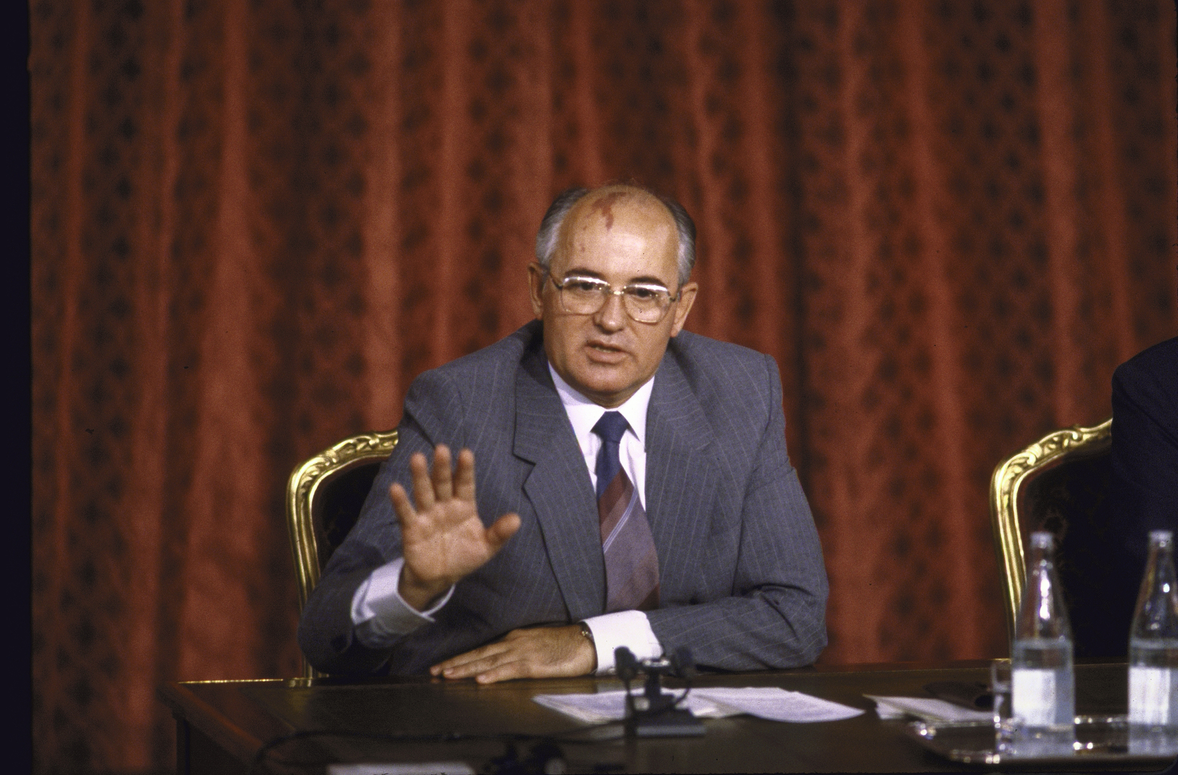 Soviet leader Mikhail Gorbachev at a press conference in the Elysee Palace in Paris, France, in 1985. (Francois Lochon—The LIFE Images Collection/Getty Images)