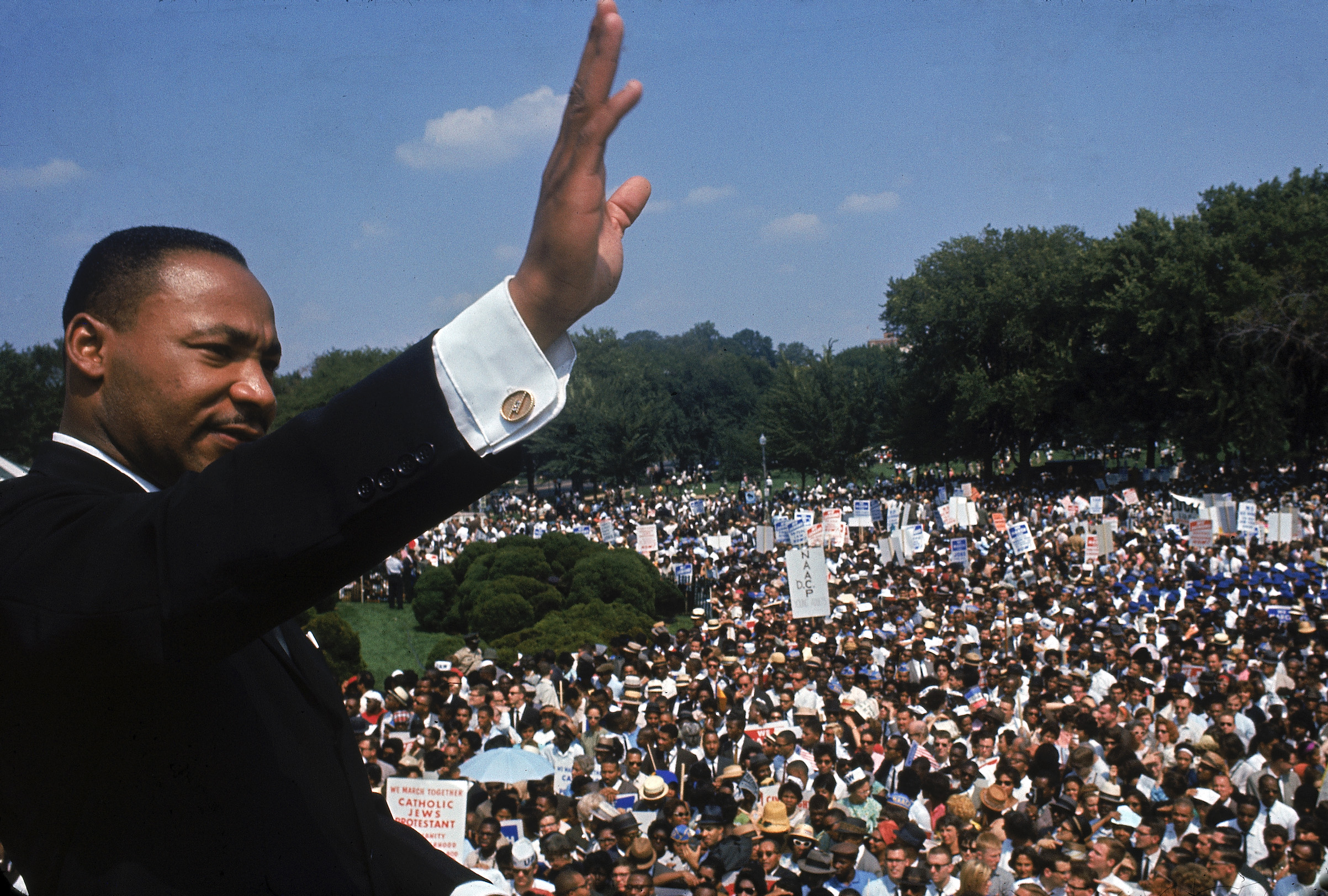 Martin Luther King Jr. addressing crowd of demonstrators outside the Lincoln Memorial during the March on Washington for Jobs and Freedom (Francis Miller—The LIFE Picture Collection / Getty Images)