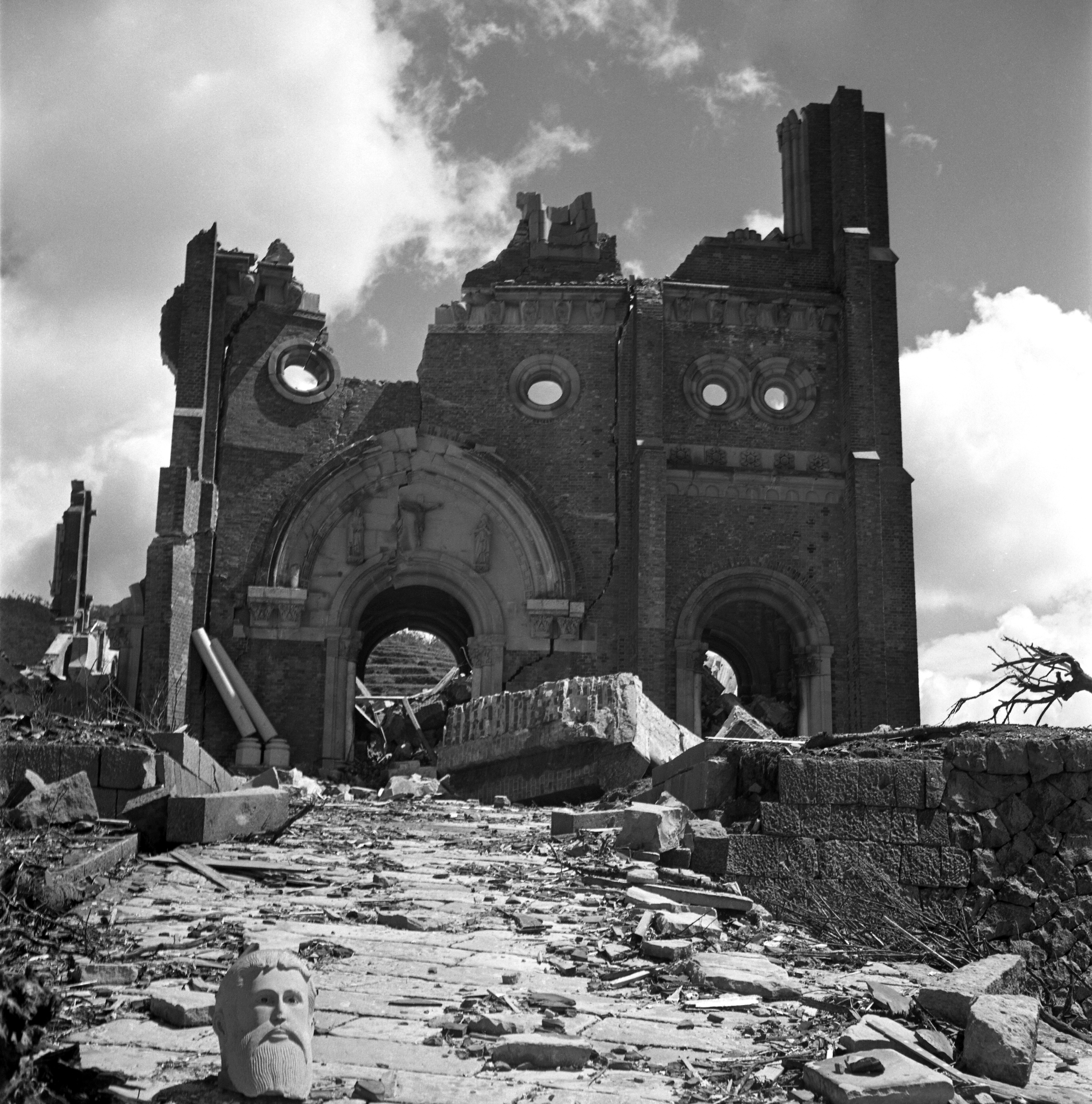 Urakami Cathedral (Roman Catholic), stands in the ruins and destruction after the atomic bomb fell on Nagasaki.