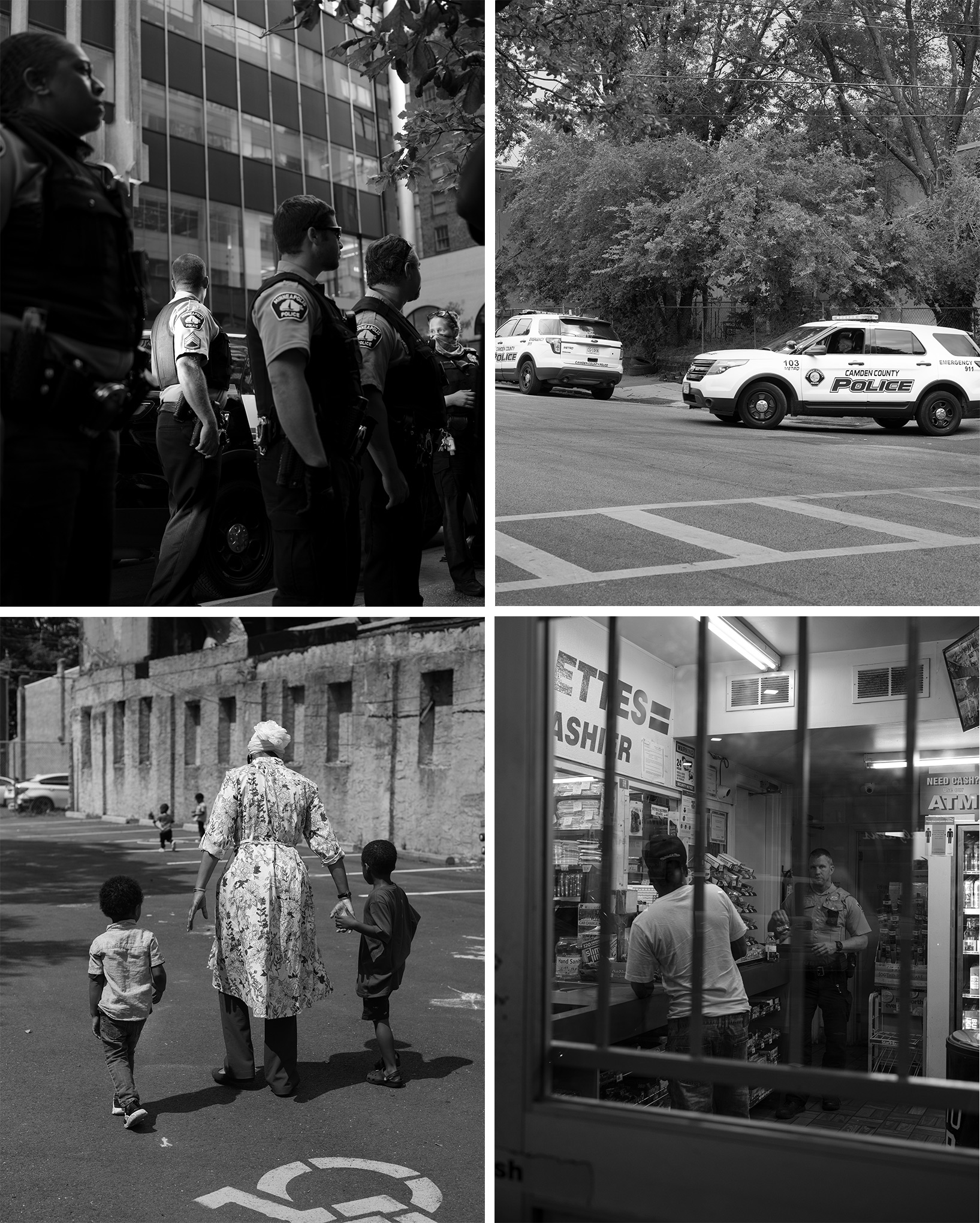Clockwise from top left: Police officers in Minneapolis;  two Camden County, N.J., police vehicles; an officer at a Minneapolis gas station; and Sister Chabree Muhammad, with kids in Camden in July. (Photographs by Widline Cadet (Camden, N.J.) and Rahim Fortune (Minneapolis) for TIME)