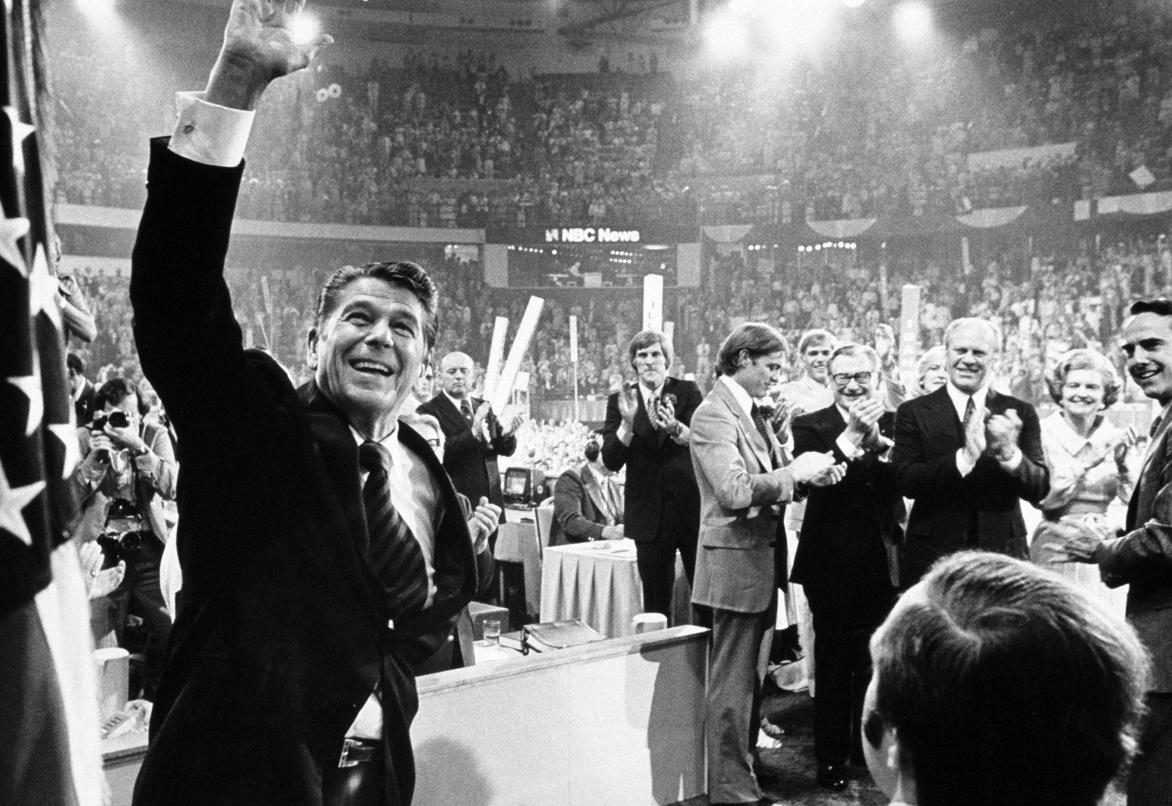 Ronald Reagan waves to the crowd on the final night of the Republican National Convention in Kansas City on Aug. 19, 1976. (David Hume Kennerly—Getty Images)