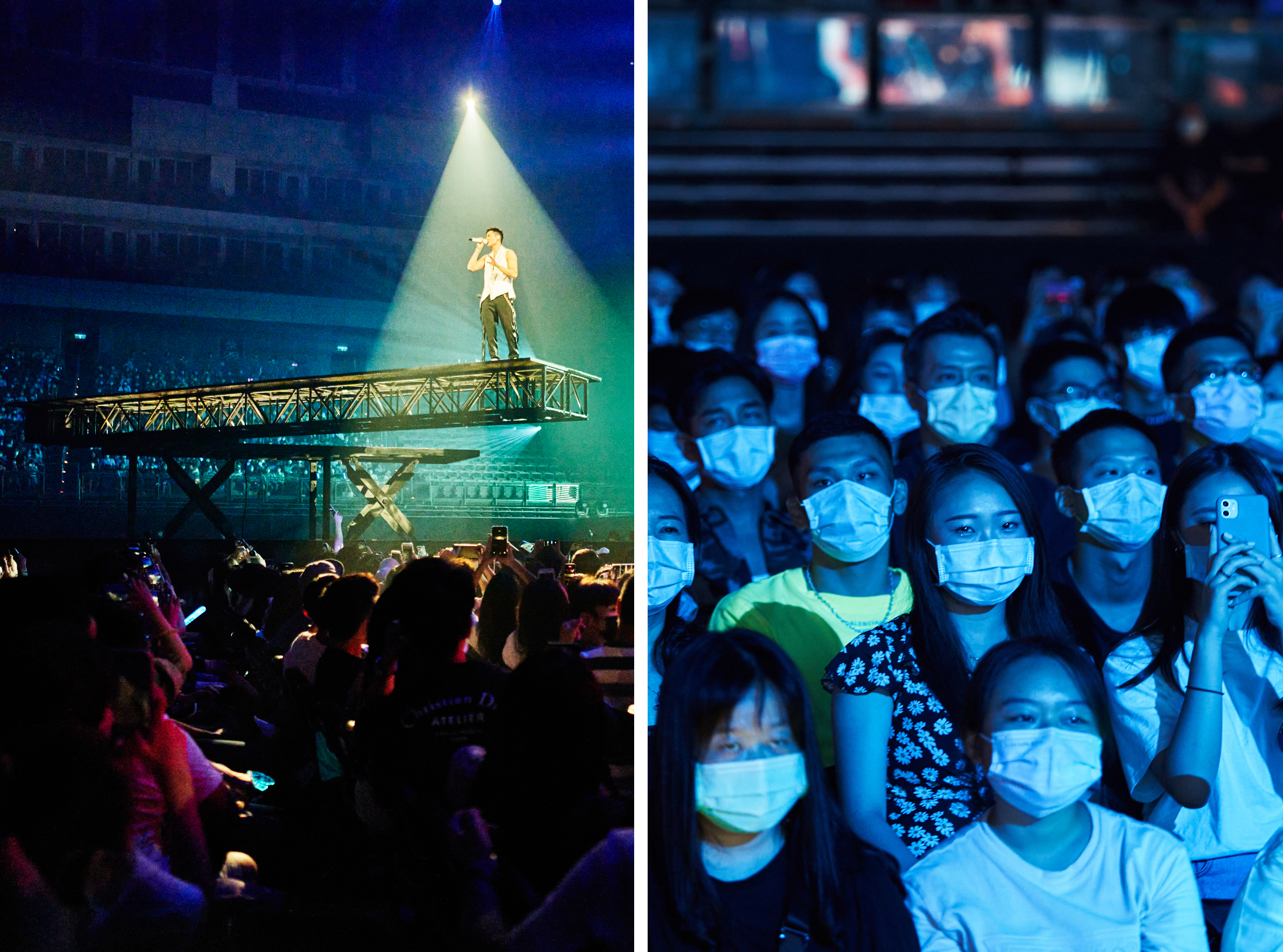 Left: Chou sings on an extended platform that rotated above concertgoers. Right: Attendees watch the live show from their seats, in masks
