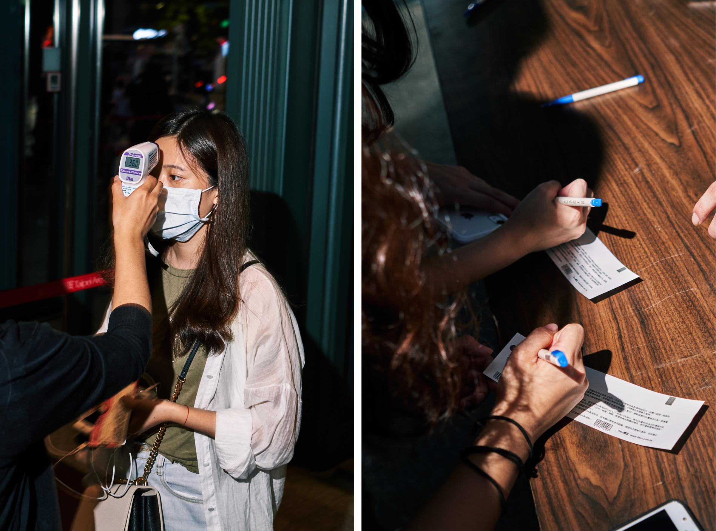 Left: An attendee receives a temperature check. Based on guidelines from the Taipei City Government’s Department of Health, no individual with a forehead temperature above 37.5°C (99.5°F) and ear temperature above 38°C (110.4°F) could enter the venue. Right: Attendees fill out their ticket stubs with their personal information to submit to venue staff before entering the Arena