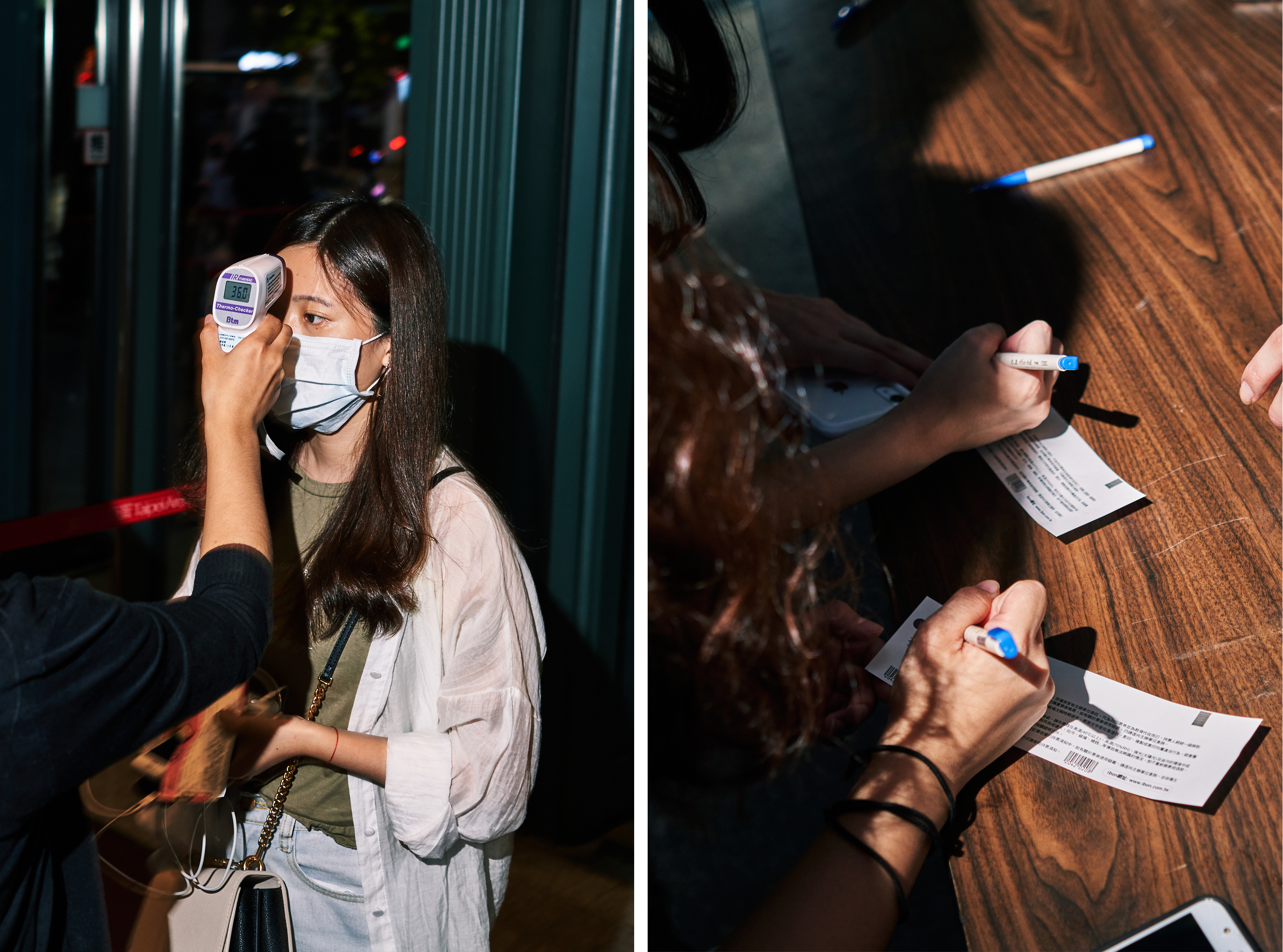 Left: An attendee receives a temperature check. Based on guidelines from the Taipei City Government Department of Health, no individual with a forehead temperature above 37.5°C (99.5°F) and ear temperature above 38°C (100.4°F) could enter the venue. Right: Attendees write personal information on their ticket stubs to submit to venue staff before entering the Taipei Arena (An Rong Xu for TIME)