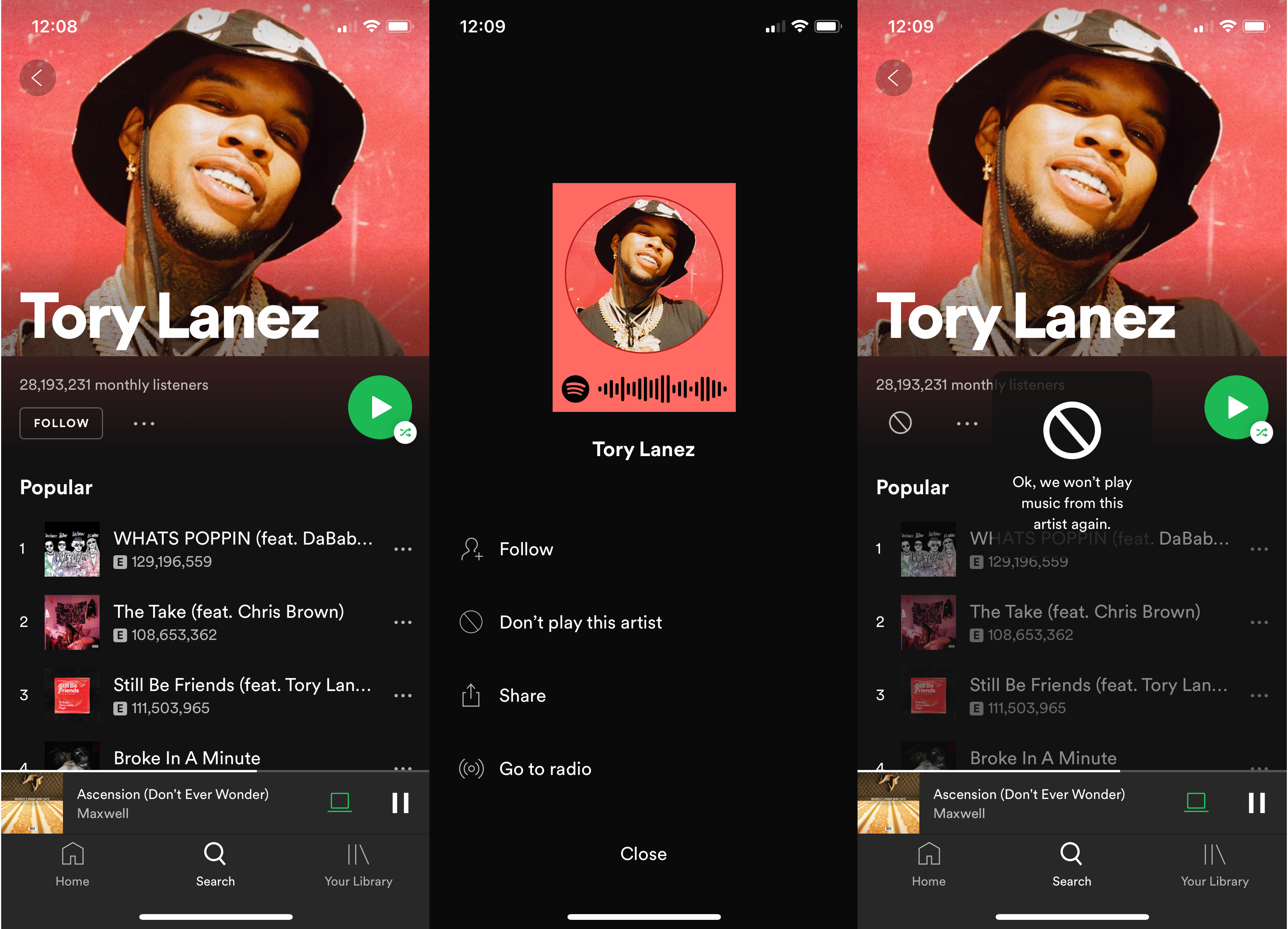 A Spotify artist page, where you can block an artist from appearing in playlists and radio stations.