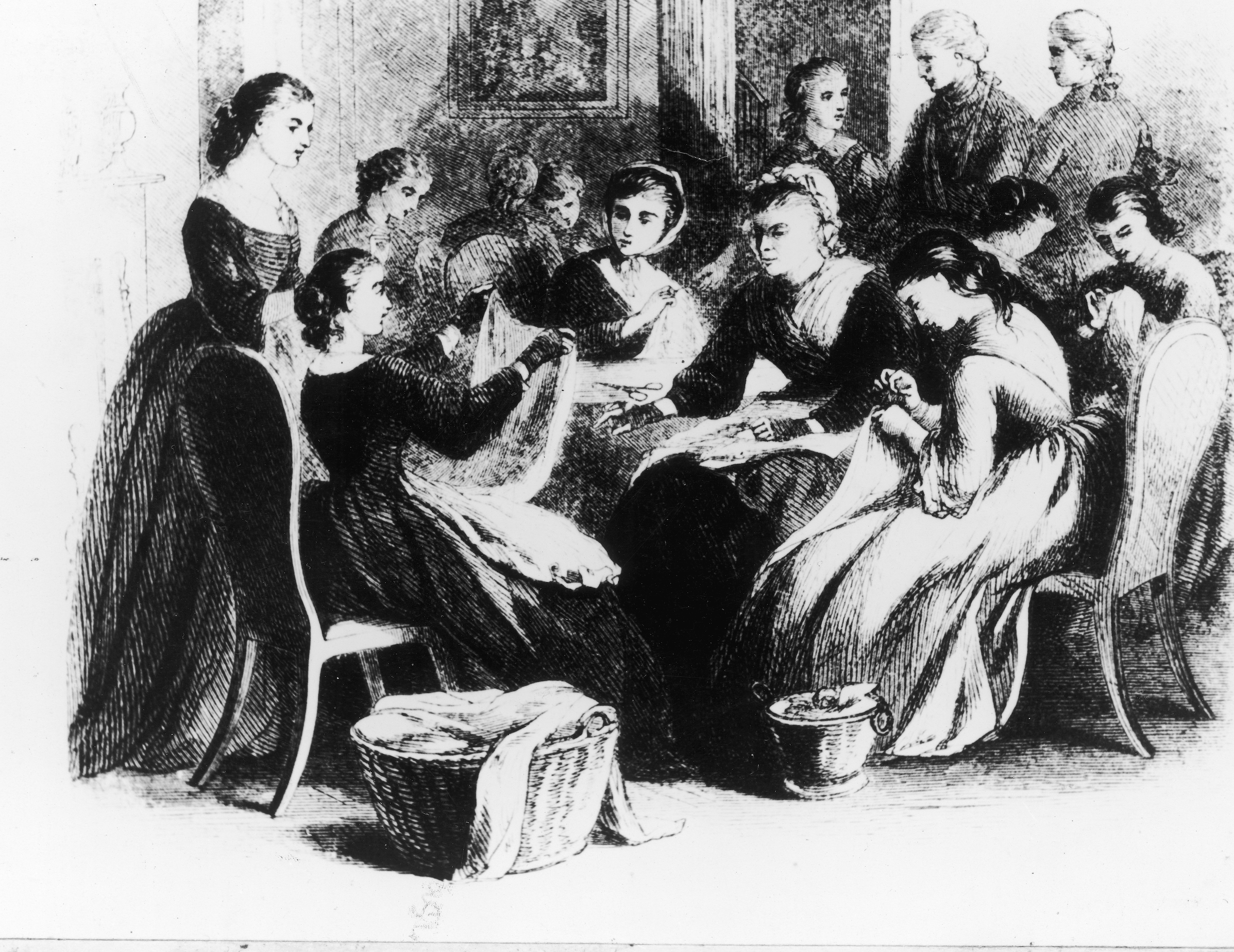 Woodcut depicting the ladies of Philadelphia working for Washington's Army, in 1780. (Getty Images)