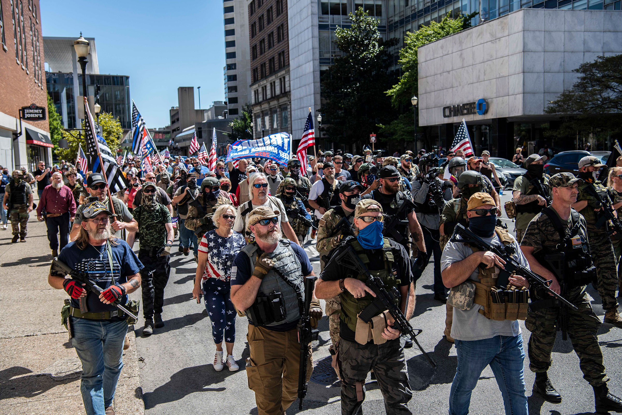 Armed pro-trump militia members during a demonstartion on the day of the Kentucky Derby in Louisville, Ky., September 5, 2020. (Alex Lourie—Redux)