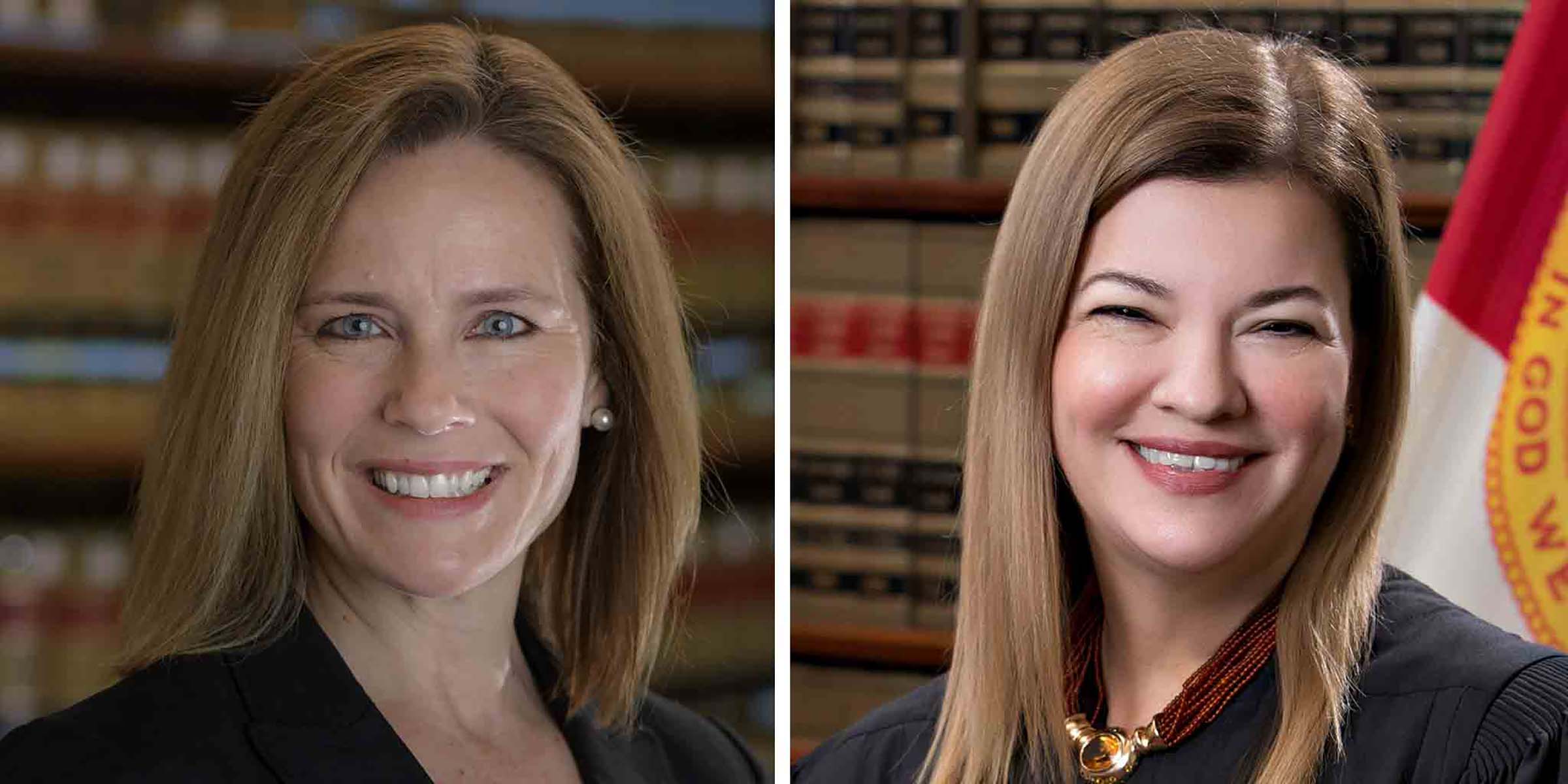 Judge Amy Coney Barrett and Judge Barbara Lagoa (Julian Velasco—University of Notre Dame/AFP; Florida Supreme Court/AFP/Getty Images)
