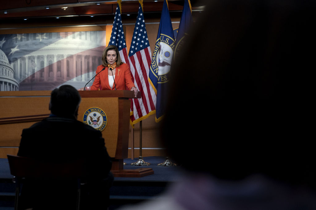 House Speaker Nancy Pelosi addressed the need for new economic relief funding at a news conference at the U.S. Capitol on Sept. 24. (Stefani Reynolds—Bloomberg/Getty Images)