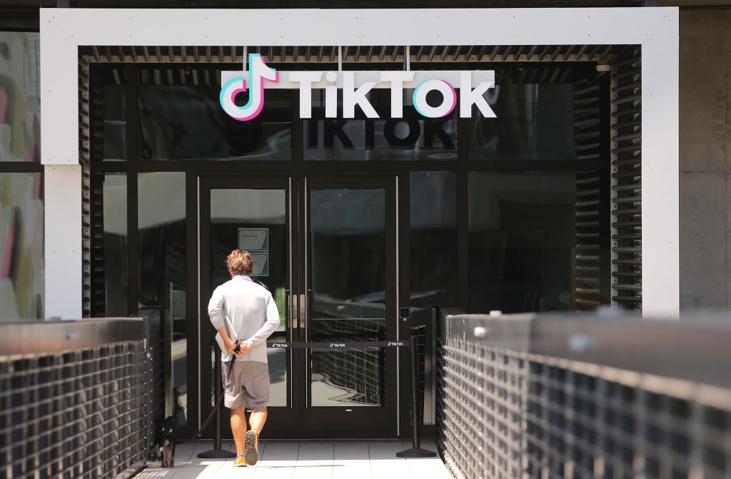 The TikTok logo is displayed in front of a TikTok office in Culver City, California, on August 27, 2020. (Mario Tama—Getty Images)