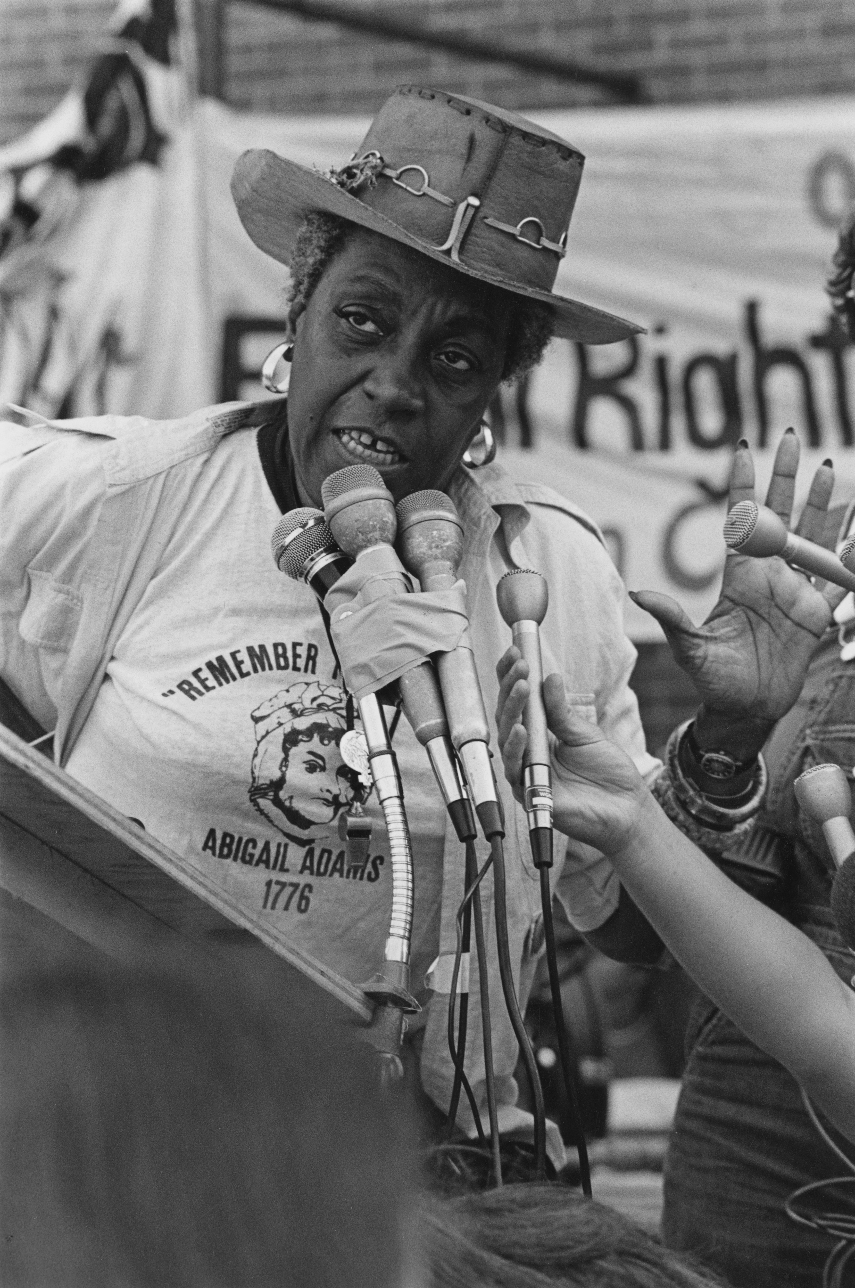 American lawyer, activist, civil rights advocate, and feminist, Florynce 'Flo' Kennedy (1916 - 2000), addresses the crowd at a Women's Day Rally in Boston, Massachusetts, USA, 26th August 1976. (Photo by Barbara Alper/Getty Images) (Getty Images—2014 Barbara Alper)