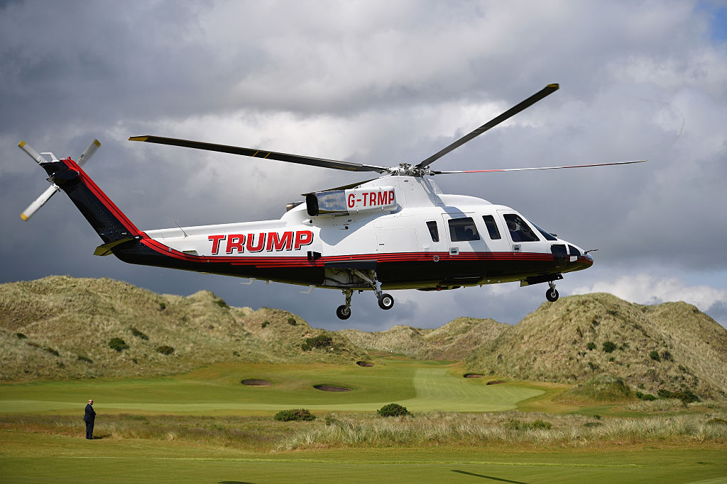 Then Presumptive Republican nominee for US president Donald Trump arrives in a helicopter at Trump International Golf Links in Aberdeen, Scotland, on June 25, 2016. (Getty Images&mdash;2016 Getty Images)