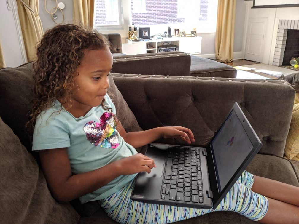 Nevaeh Allsopp, 5, participates in a virtual kindergarten lesson at her home in South Orange, N.J.