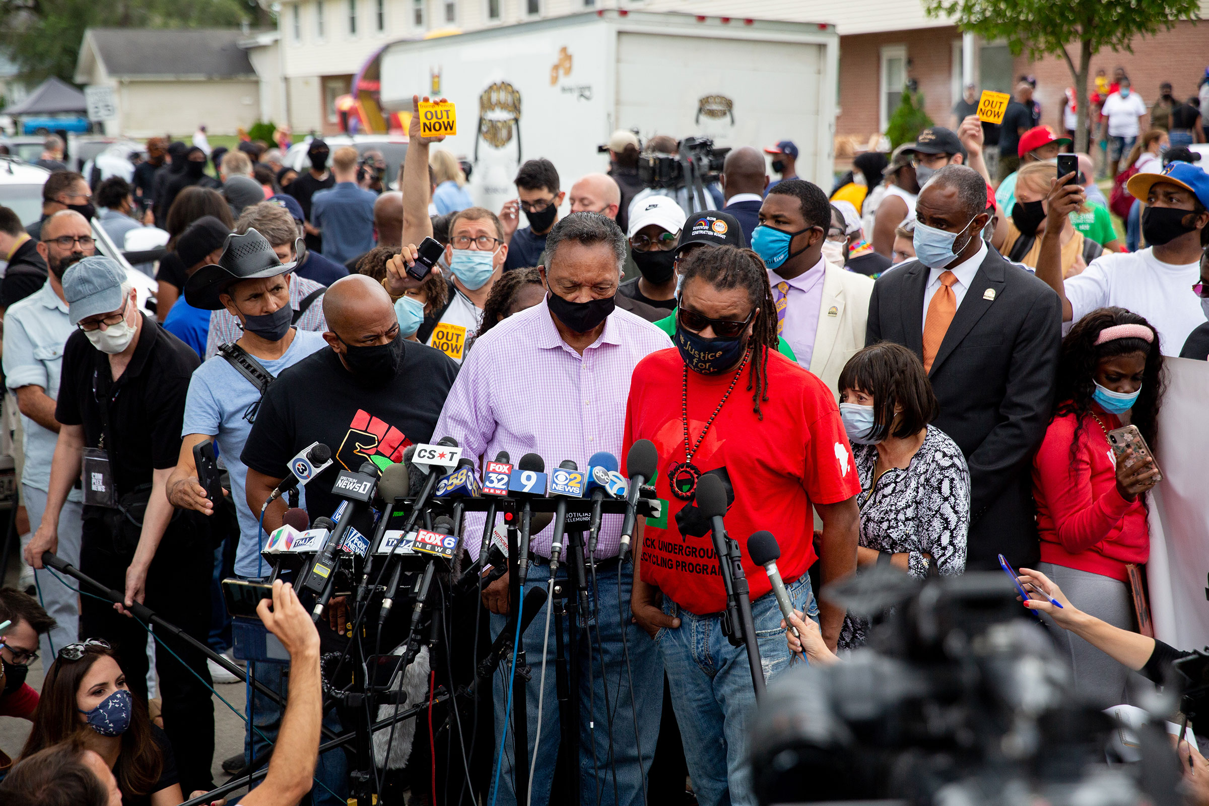 The Rev. Jesse Jackson speaks as he and Justin Blake, uncle of Jacob Blake, meet with reporters near the site where Jacob Blake was shot by police in Kenosha, Wis., on Tuesday Sept. 1, 2020. (Patience Zalanga for TIME)