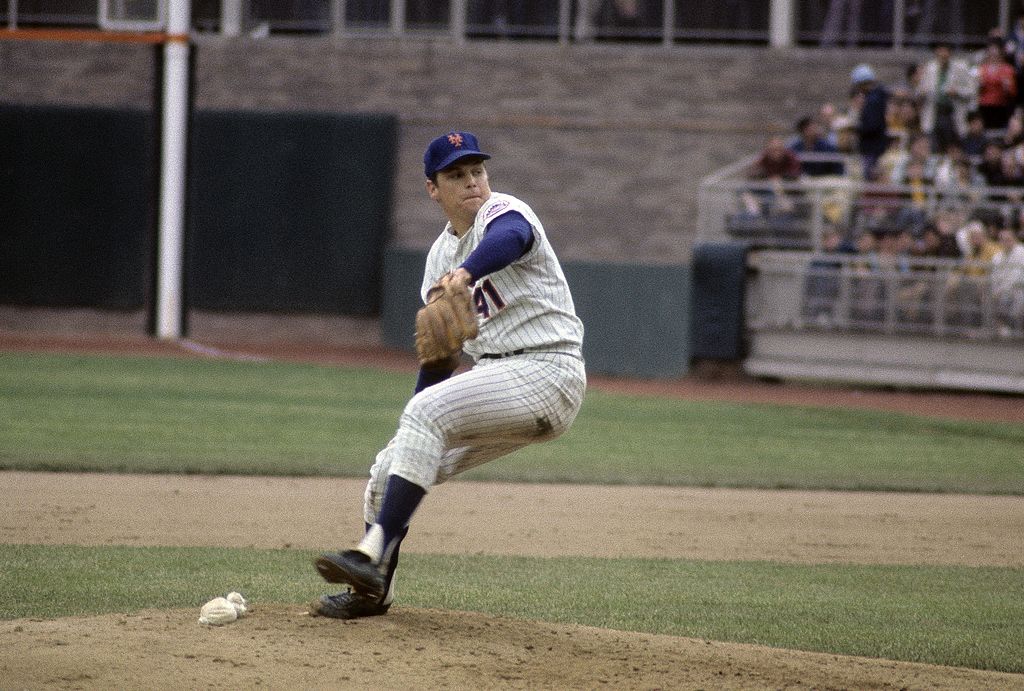 Tom Seaver of the New York Mets winds up to throws a pitch against the Baltimore Orioles during game 4 of the 1969 world series on Oct. 15, 1969 at Shea Stadium in Queens, New York. The Mets won the Series 4 games to 1. (Focus on Sport/Getty Images)