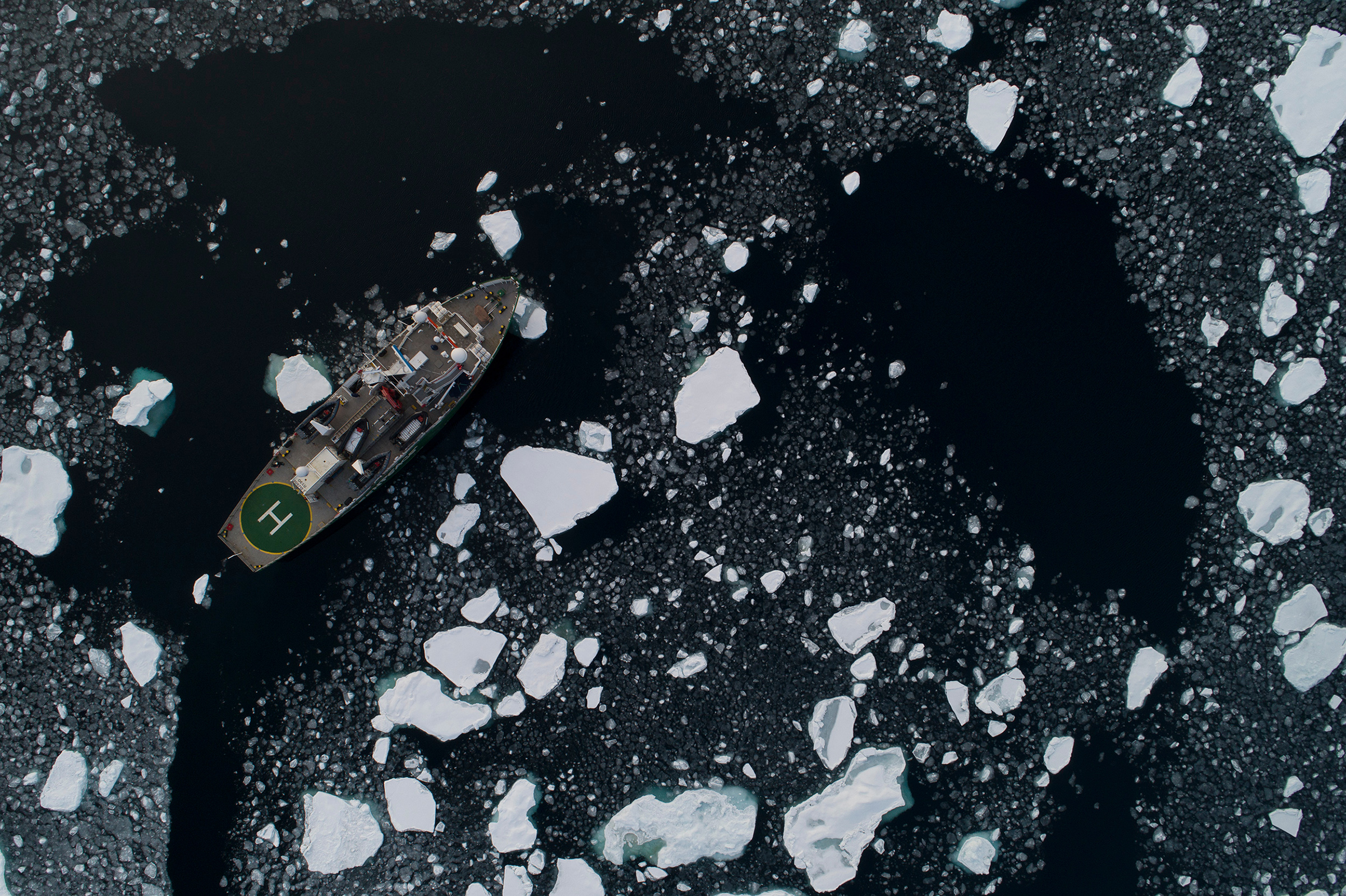 An aerial view of the Arctic Sunrise in the Arctic, on Sep. 15, 2020. (Daniella Zalcman—Greenpeace)