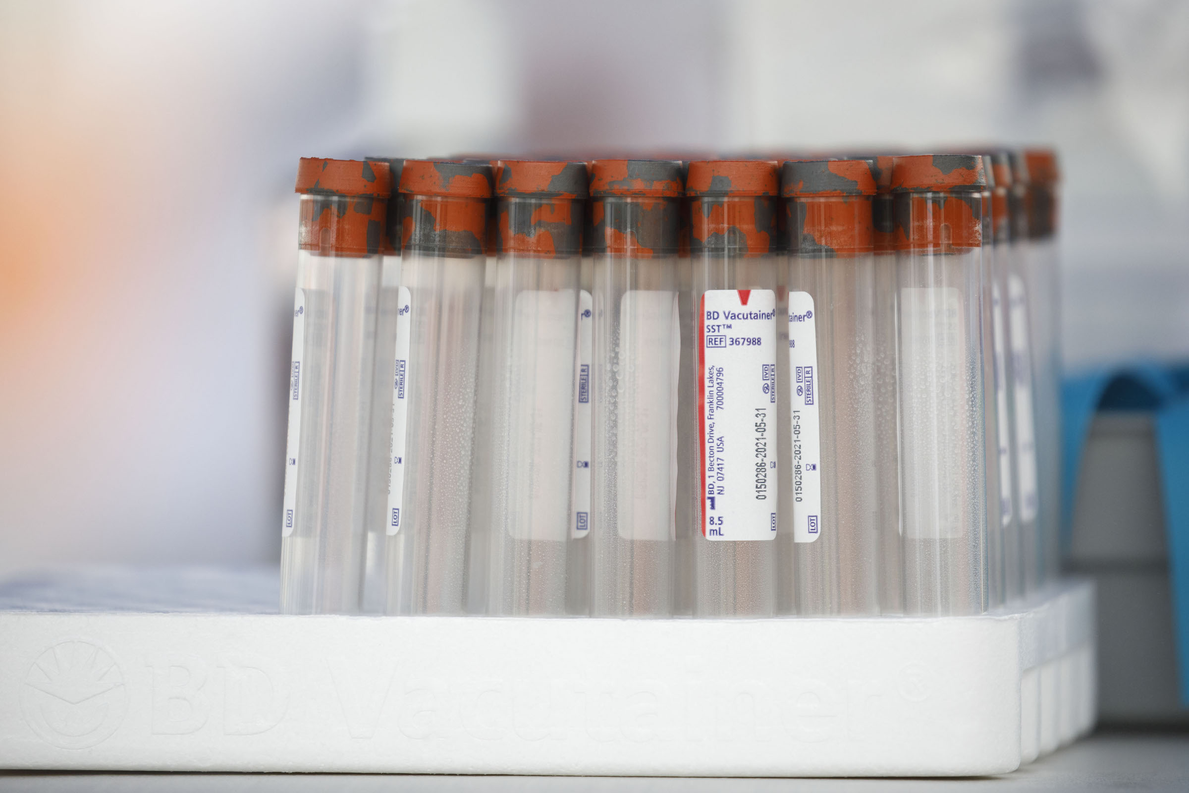Empty Becton, Dickinson &amp; Co. (BD) vacutainer tubes for blood samples stand at a GUARDaHEART Foundation testing site in Los Angeles, California, U.S., on Aug. 5, 2020. (Patrick T. Fallon—Bloomberg/Getty)