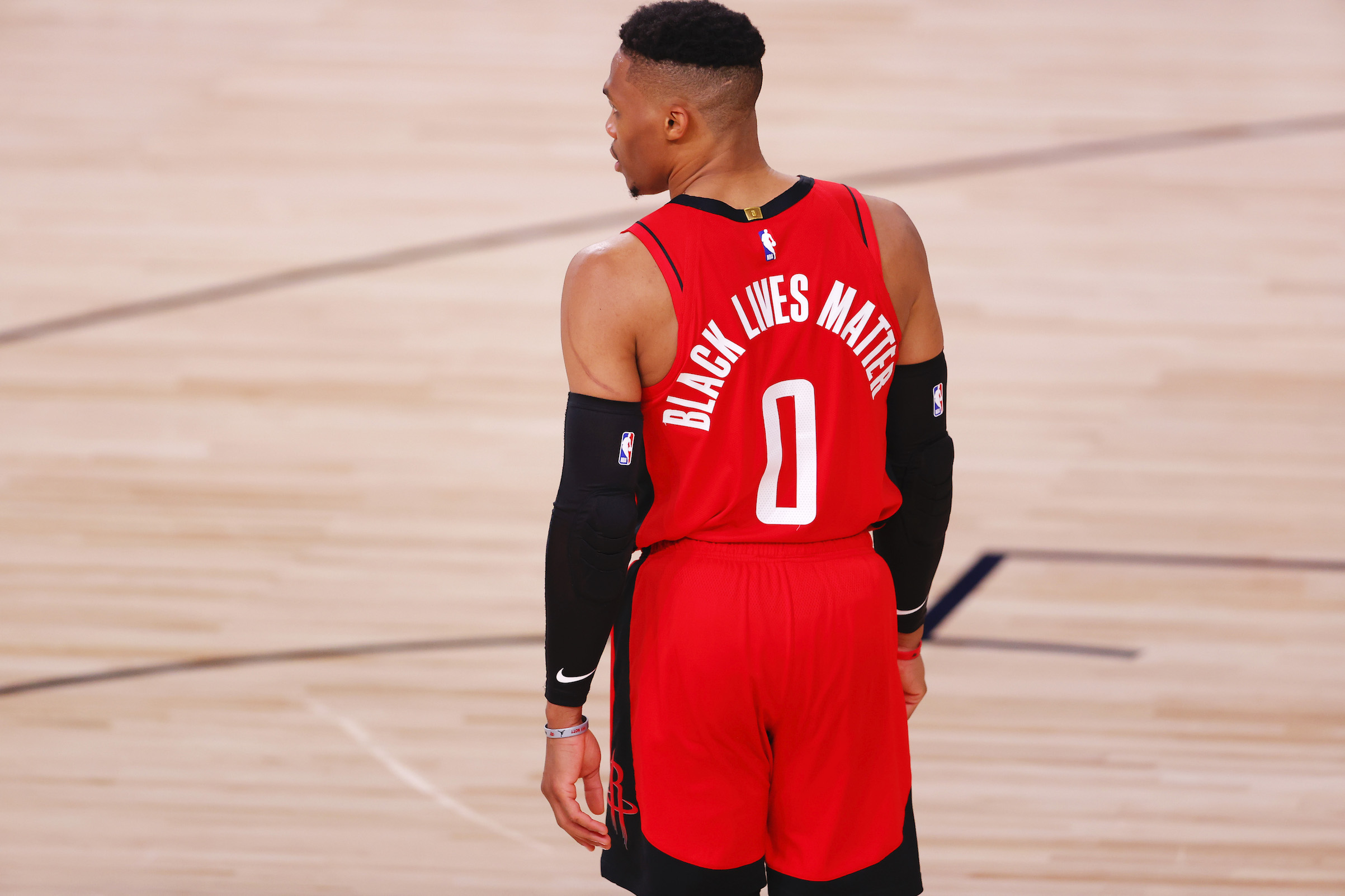 Russell Westbrook #0 of the Houston Rockets wears "Black Lives Matter" on the back of his jersey on Aug. 2, 2020 in Lake Buena Vista, Fla. (Mike Ehrmann—Getty Images)