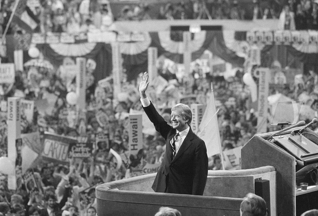 President Jimmy Carter accepts the Democratic nomination for President at the 1980 convention. (Bettmann Archive/Getty Images)