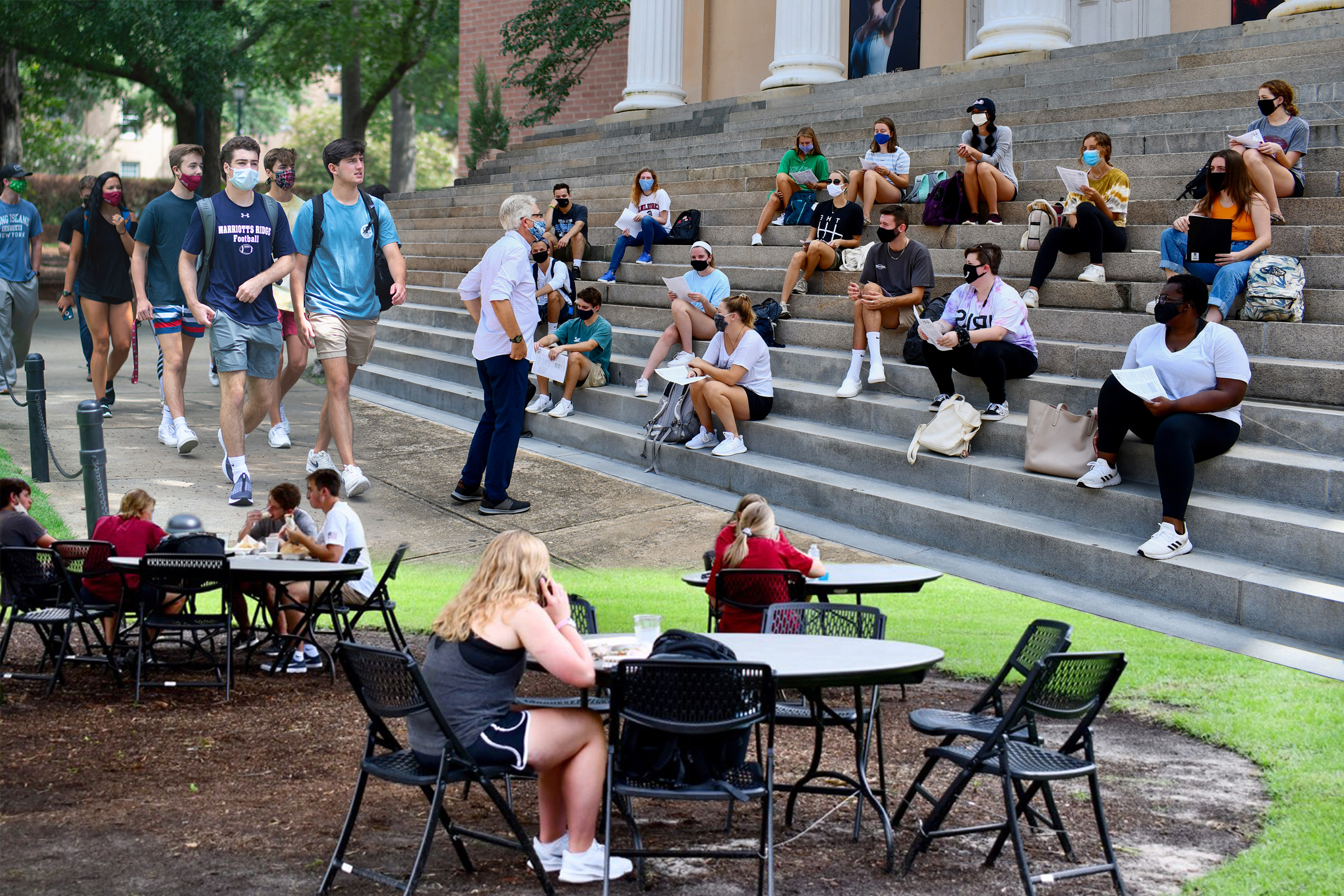 From top left: Students walking around Russell House, University of South Carolina’s student union; A professor holds class outside on the steps of Longstreet Theatre on USC’s campus; USC put tables and chairs on the grass around the student union so there is more seating area because indoor capacity is limited. Students are expected to wipe down these tables and chairs themselves upon use (Photo-Illustration by TIME; Courtesy The Daily Gamecock (3))