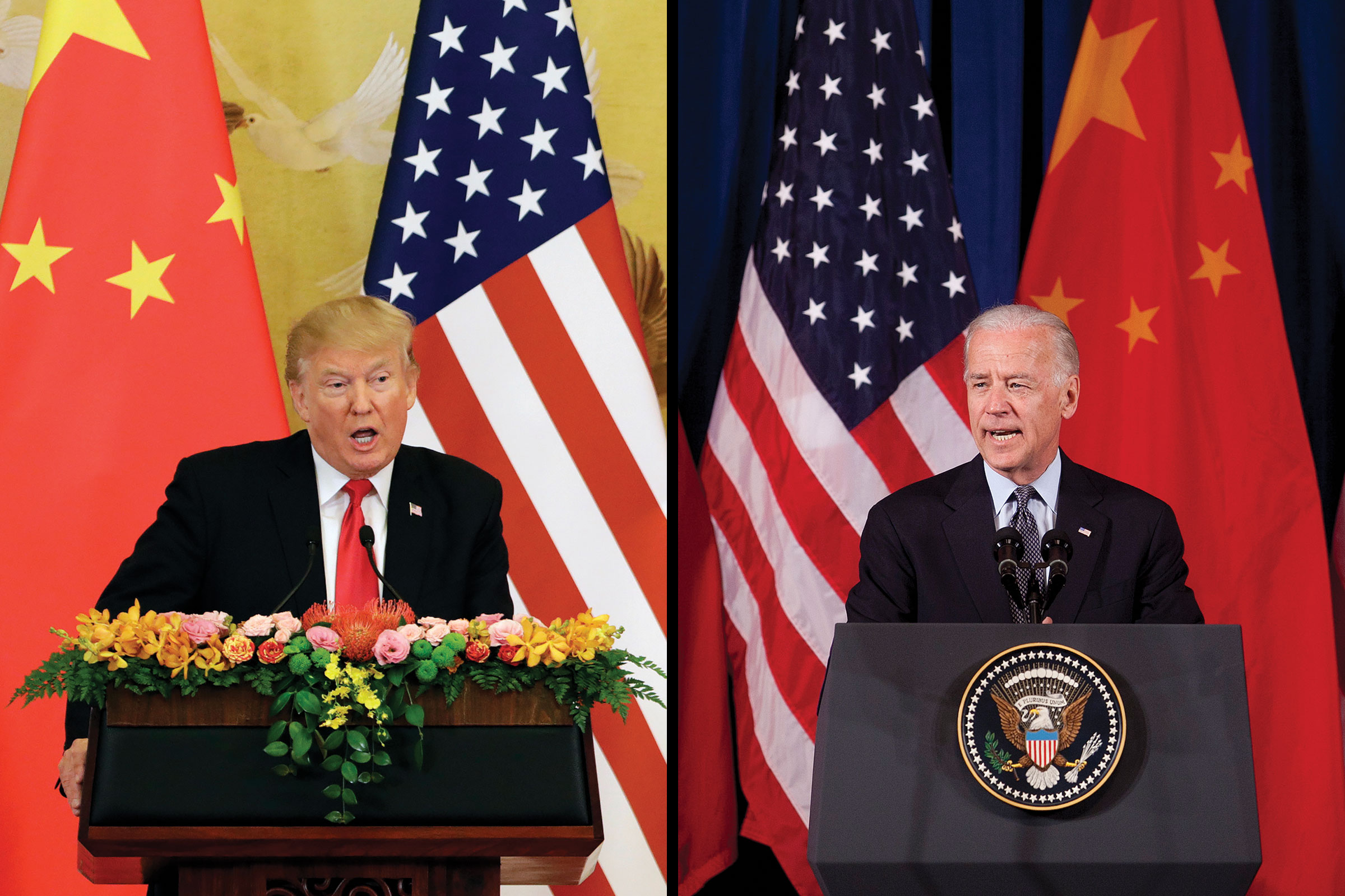 President Donald Trump during a news conference at the Great Hall of the People in Beijing, China, Nov. 9, 2017; Then Vice President Joe Biden during the opening ceremony of the U.S.-China Strategic &amp; Economic Dialogue in Washington, May 9, 2011 (Qilai Shen—Bloomberg/Getty Images; Andrew Harrer—Bloomberg/Getty Images)