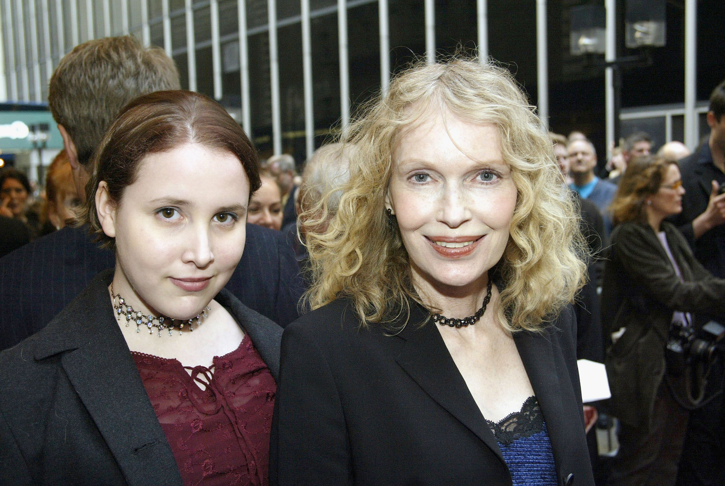 Mia Farrow (R) and Dylan Farrow (L) arrive at the Opening Night of "Gypsy" at The Shubert Theatre on May 1, 2003 in New York City