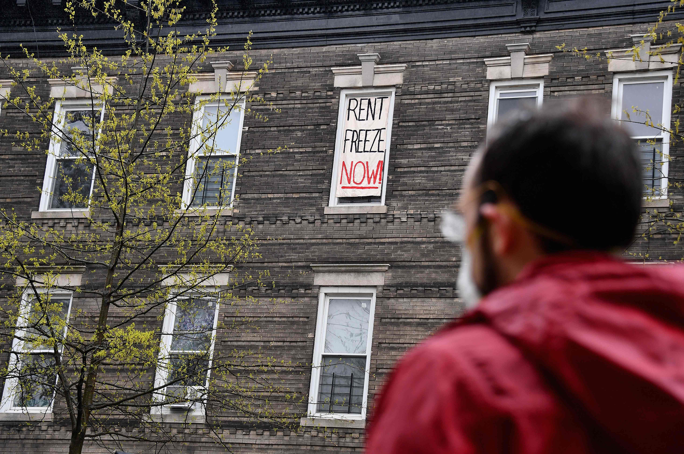 A Crown Heights building tenant stages a rent strike on May 1 in New York City