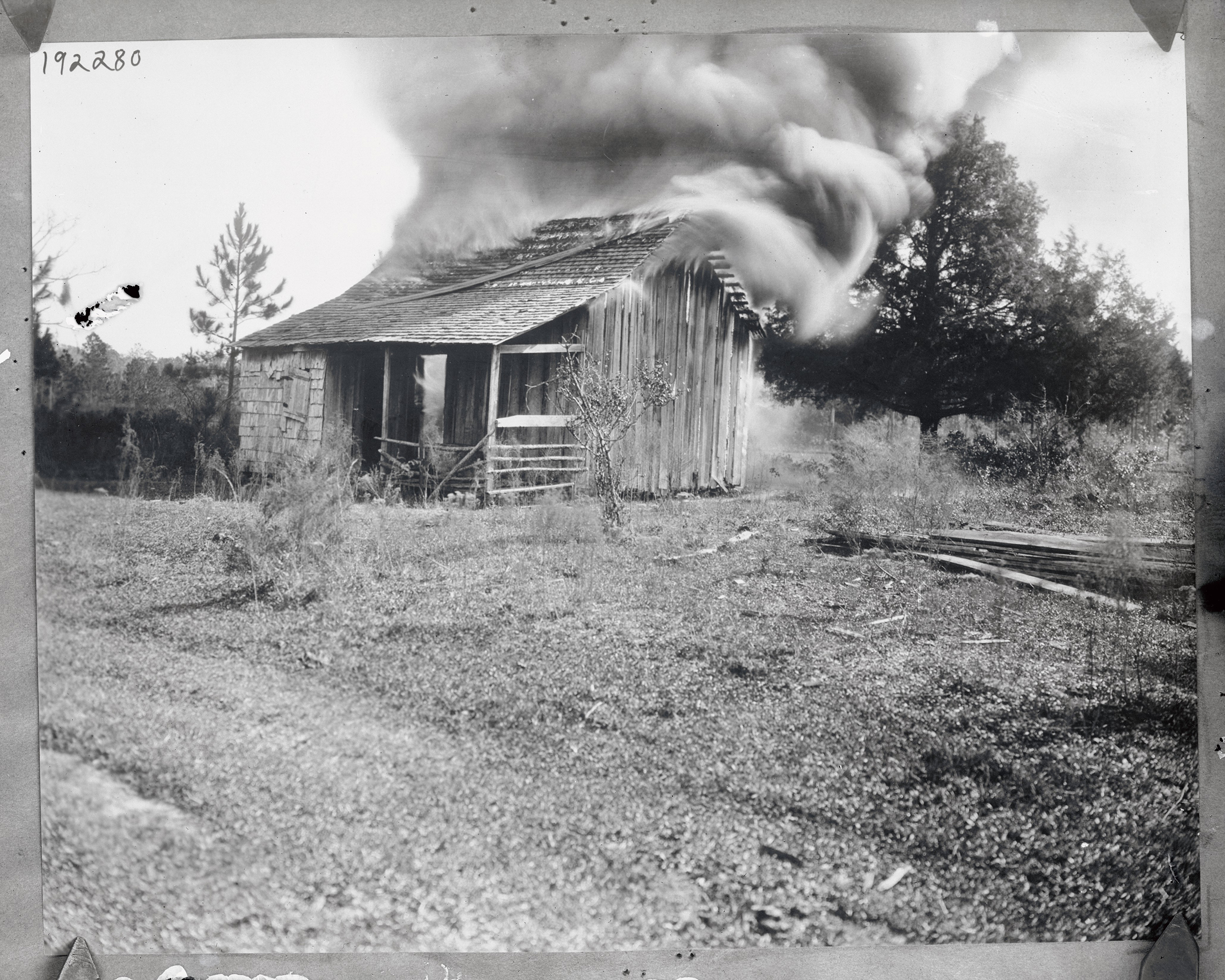 A home burns on Jan. 9, 1923, during a white mob’s attacks on the Black community of Rosewood, Fla. (Bettmann Archive/Getty Images)