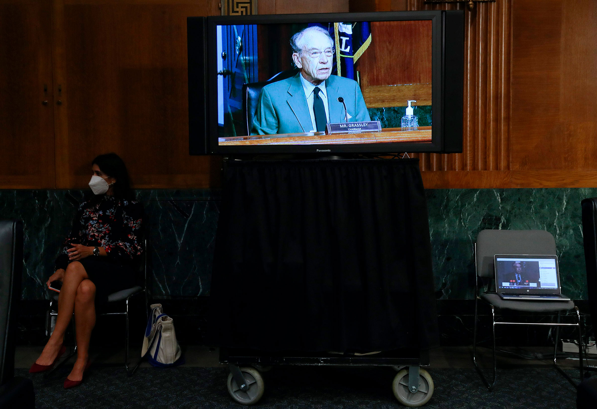Committee Chairman Sen. Chuck Grassley is seen on a television monitor as he presides during a Senate Finance Committee hearing on Capitol Hill on June 9, 2020.