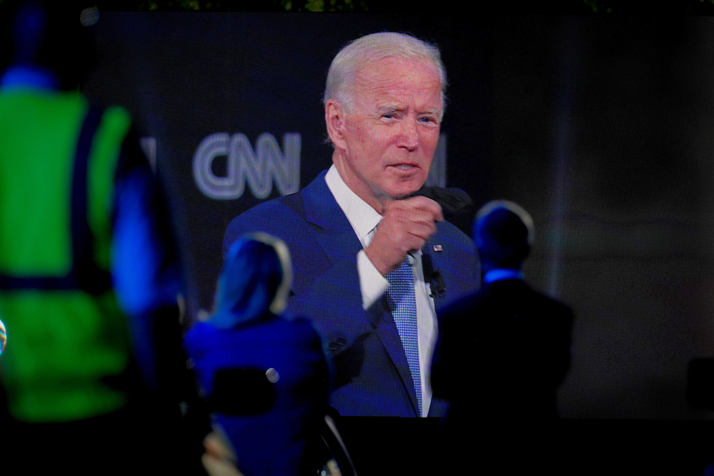 Democratic presidential nominee Joe Biden appears via video at a CNN town hall-style campaign event in Scranton, Pa., Sept. 17, 2020. (Erin Schaff/The New York Times)
