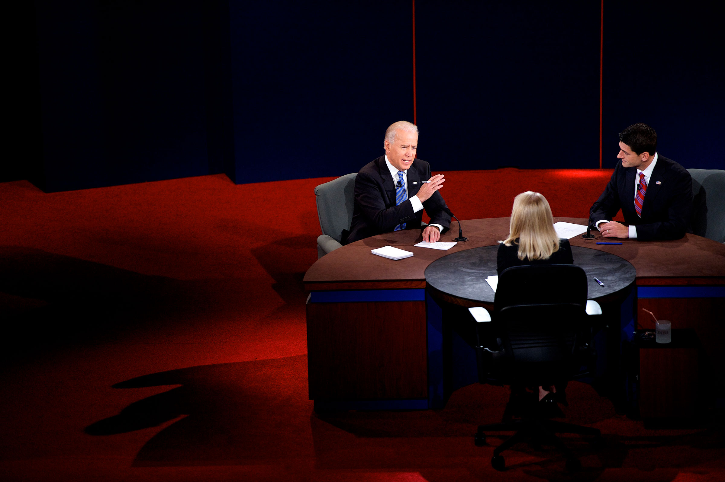 Then Vice President Joe Biden and Paul Ryan participate in the Vice Presidential Debate at Centre College, with Moderator ABC News Anchor Martha Raddatz, in Danville, Ky. on Oct. 11, 2012. (Mark Makela—Corbis/Getty Images)