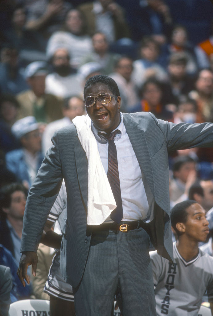Head coach John Thompson of the Georgetown Hoyas looks on and reacts during an NCAA basketball game circa 1984 at the Capital Centre in Landover, Maryland. Thompson coached at Georgetown from 1972 to 1999. (Focus on Sport–Getty Images)