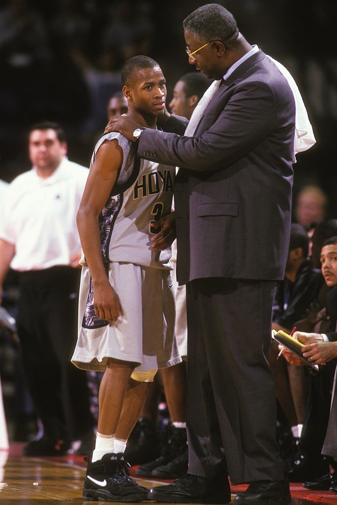 Allen Iverson is pictured with John Thompson, head coach of the Georgetown Hoyas, during a basketball game on Jan. 10, 1995 in Landover, Maryland. (Mitchell Layton–Getty Images)
