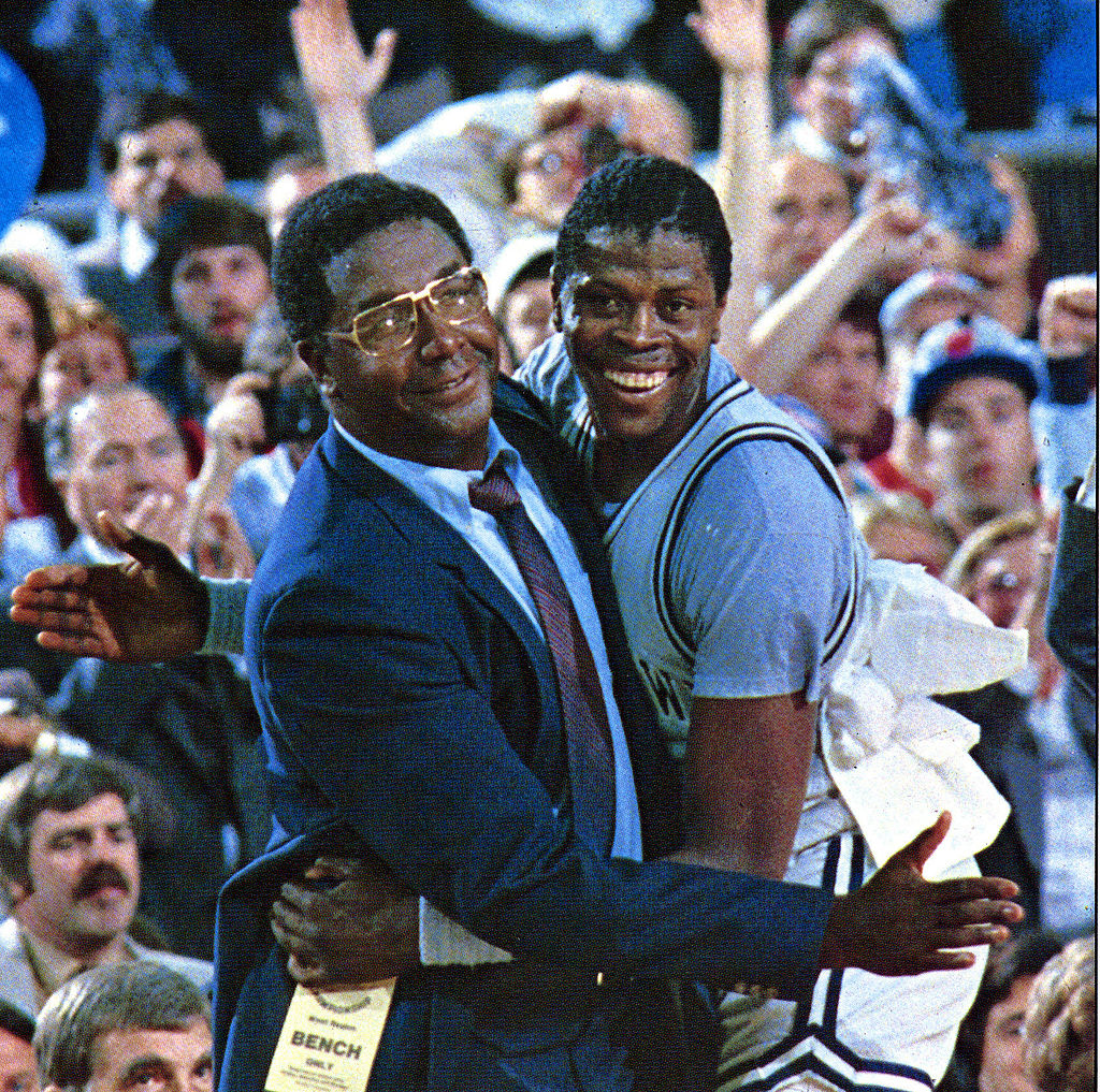 Patrick Ewing and John Thompson, head coach of the Georgetown University Hoyas, pose for a photo during a game at McDonough Arena in Washington, D.C. (Georgetown University/Collegiate Images/Getty Images)
