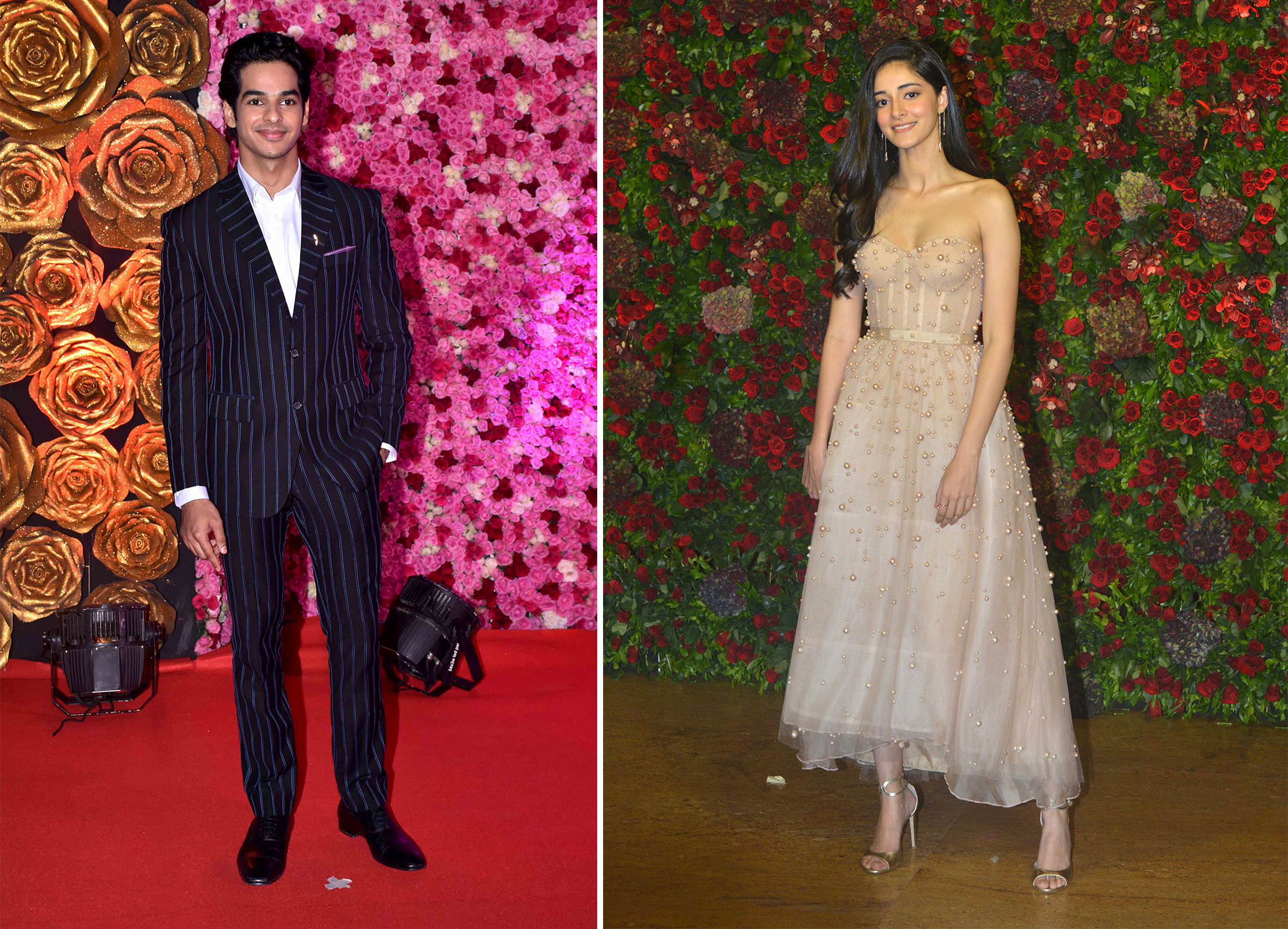 Left: Actor Ishaan Khatter seen on the red carpet during the LUX Awards on Nov. 18, 2018 in Mumbai; Right: Actor Ananya Panday at Ranveer Singh and Deepika Padukone's reception on Dec. 1, 2018 in Mumbai (Azhar Khan—SOPA Images/LightRocket/Getty Images; Milind Shelte—The India Today Group/Getty Images)